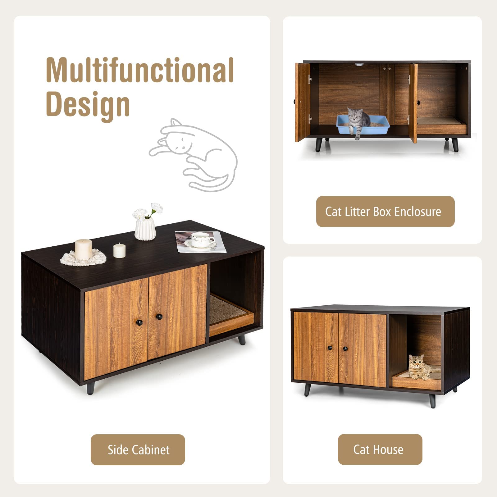 Petsite Cat Litter Box Enclosure, Wooden Hidden Cat Washroom Furniture With Divider & Cat Scratcher, Stackable Pet House End Table