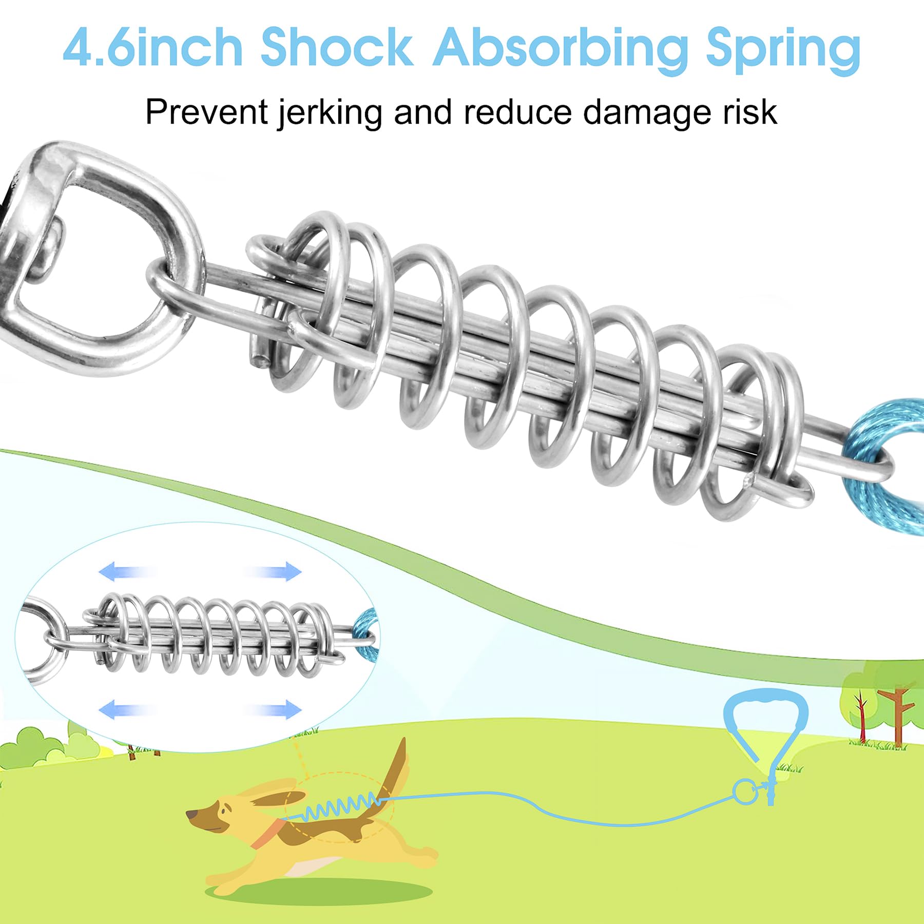 Dog Tie Out Cable And Stake,20Ft Outside Dog Run Cable Leash&Chain With Shock Spring For Camping And Yard, 16'' Heavy Duty Anti