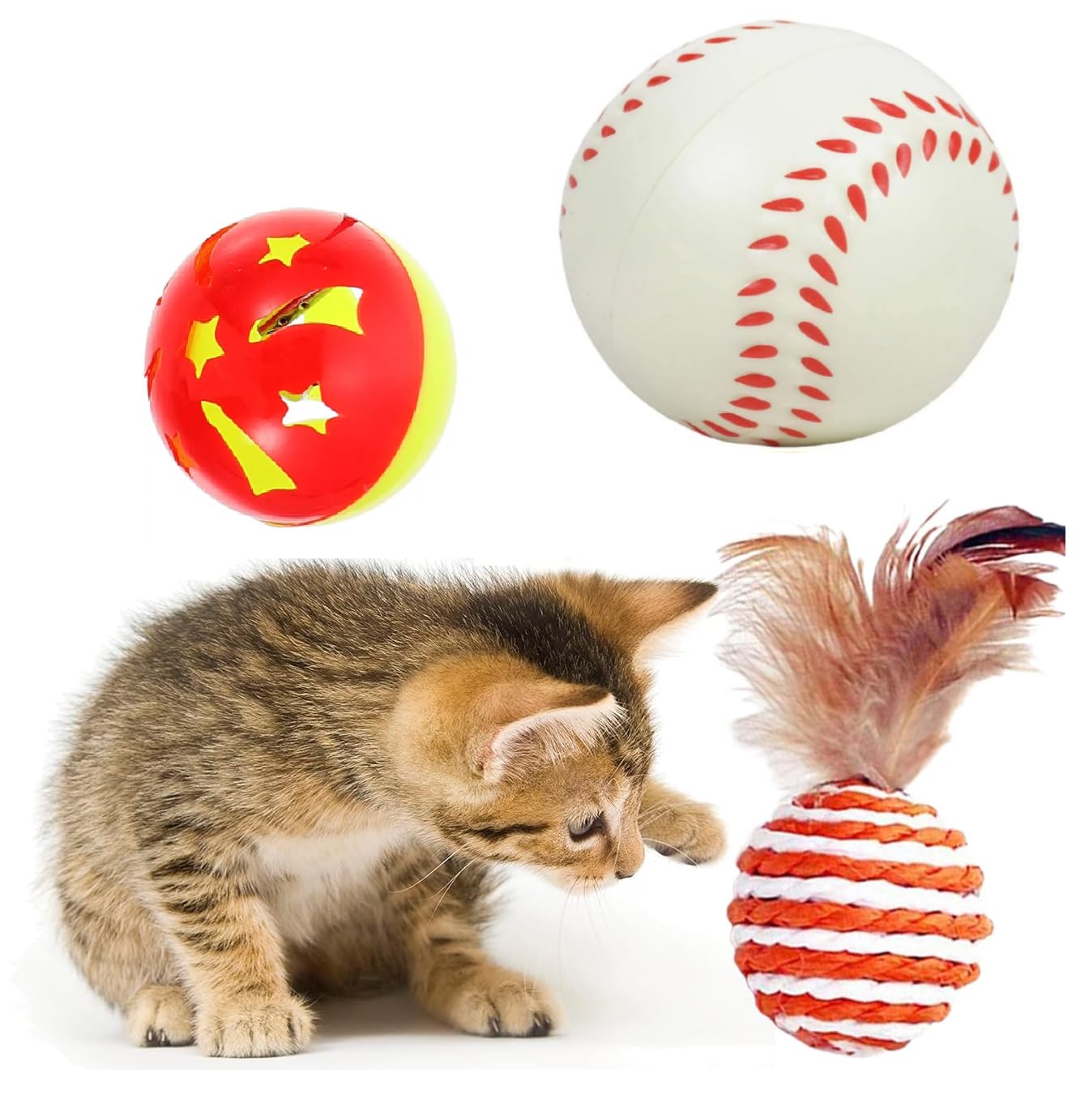 Cozy Puppies 3 Pcs Cat Toys Balls, Sisal Cat Ball Toy With Bell Inside, Cat Toys For Indoor Cats, Interactive Cat Chew Toys For 