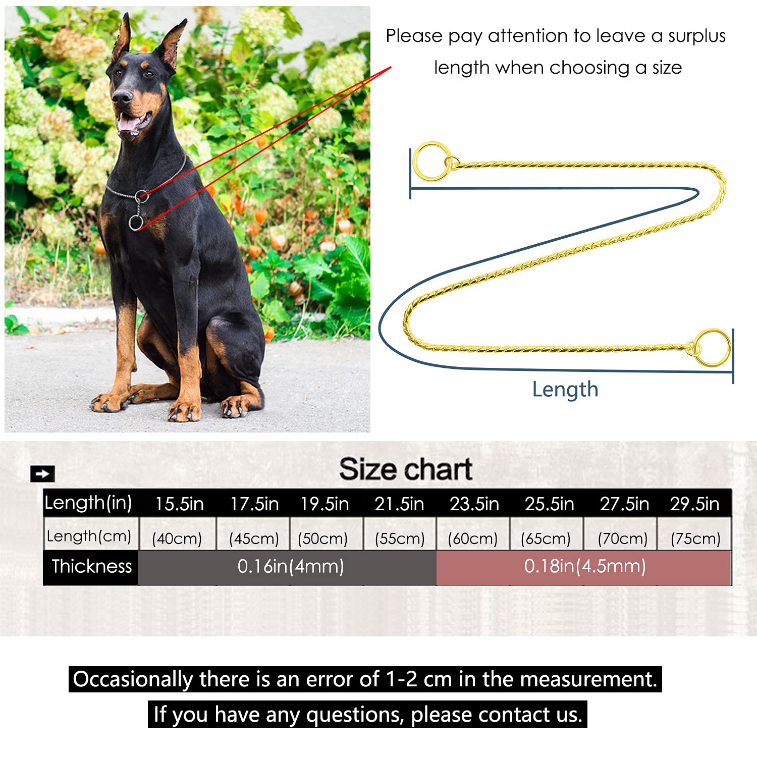 Ximipet Heavy Duty Dog Choke Collar Slip Dog P Chain Snake Collar Plating Anti-Rust Dog Training Collars For Small Large Dogs Black/Gold/Silver/Rose Gold 15.5In-29.5In (19.5In, Black)
