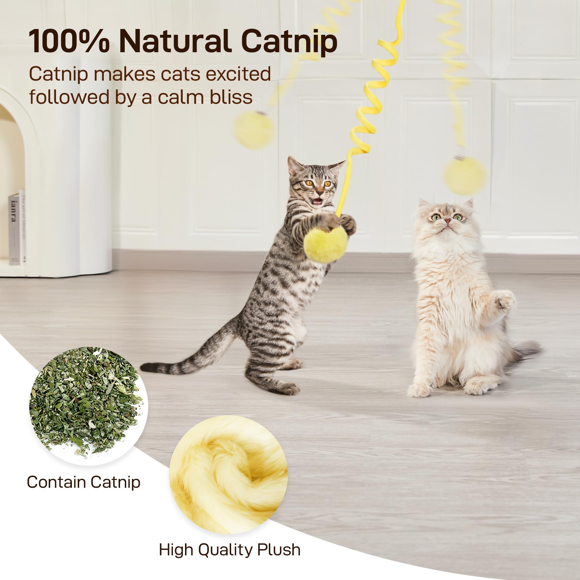 Potaroma Hanging Fluffy Cat Catnip Ball Toys 3 Pcs With Bell, Interactive Cat Teaser Retractable Toys Indoor Kitten Play Chase E