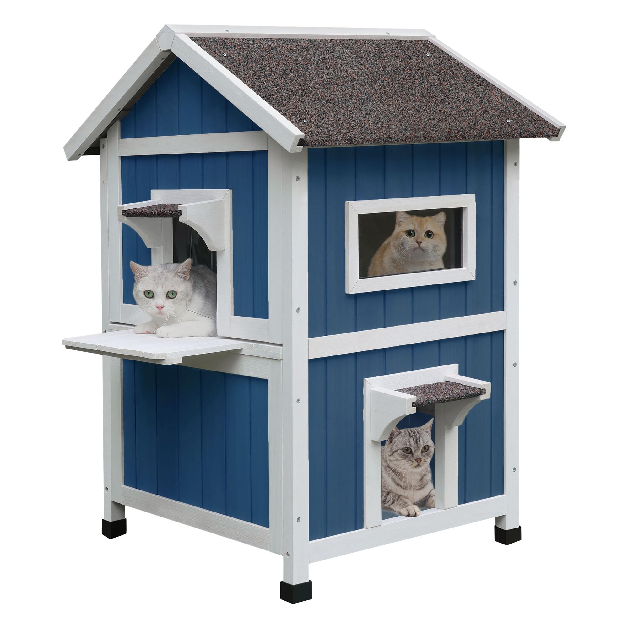 Hicaptain Weatherproof Cat House For Outdoor, 2 Story Feral Cat House With Balcony And Escape Door, Outside Wooden Pet Shelter F