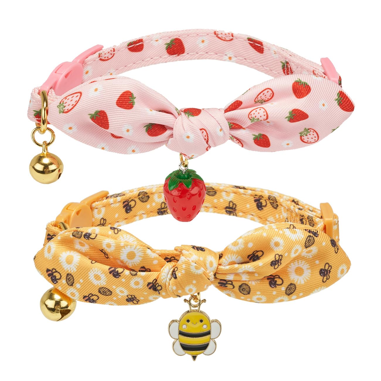 Yudote Bowtie Cat Collar With Bell 2 Pack Stylish Breakaway Kitten Collars With Removeable Bowknot,Yellow Bee & Pink Strawberry