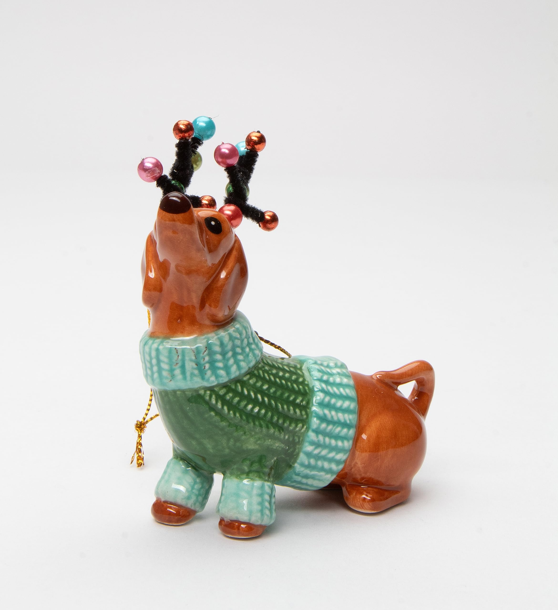Cosmos Gifts 57012 Dachshund Dog in a Green Sweater with Reindeer Antlers Ornament, Multi-Colored, 3 3/8 x 1 5/8 x 3 7/8 H