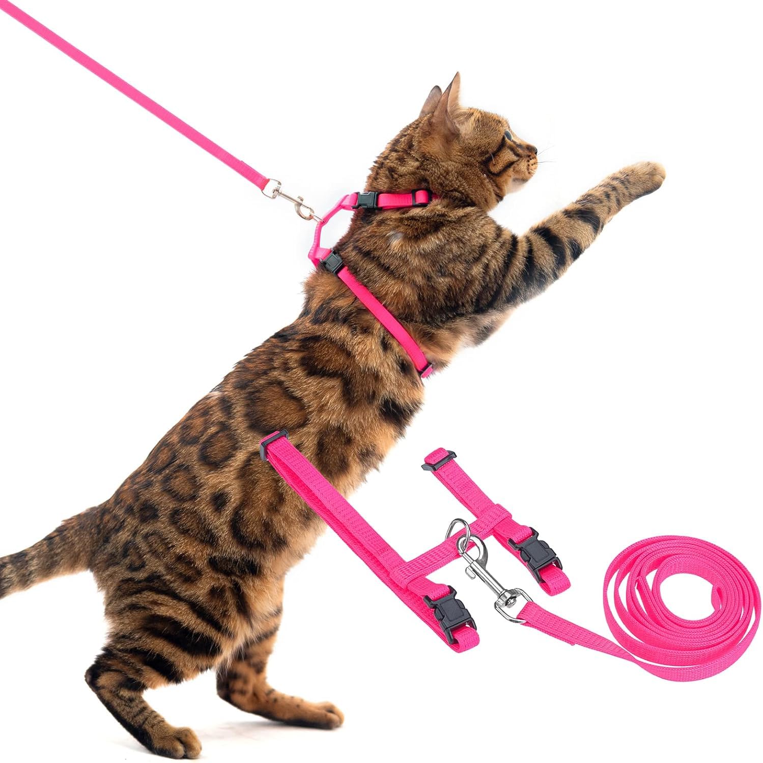 Pupteck Adjustable Cat Harness And Leash Set Escape Proof Kitten Strap Collar For Walking Travel, Hot Pink, M