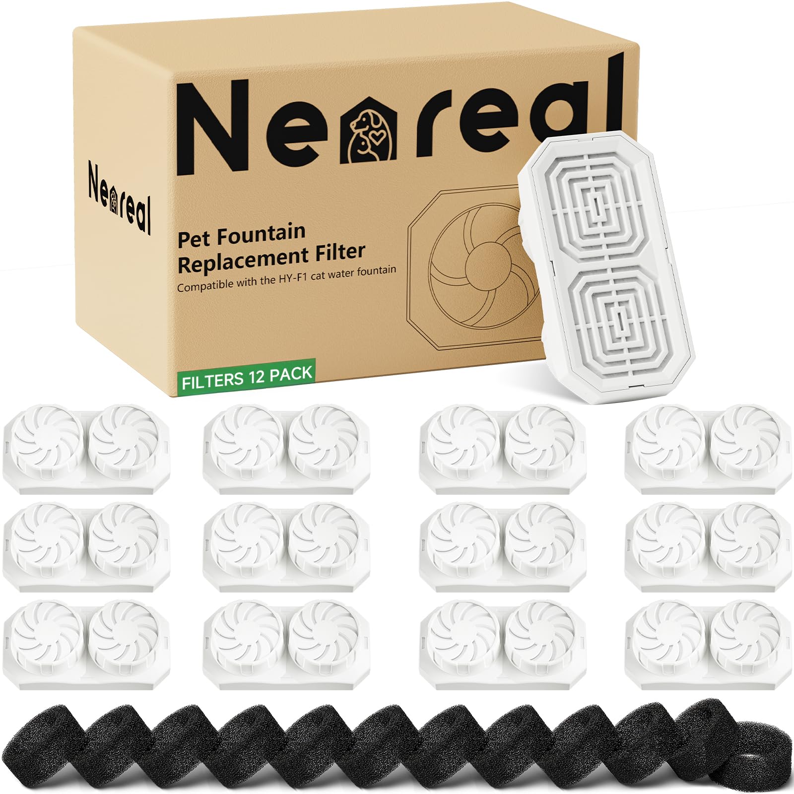 Neareal Official 12-Pack Replacement Filters And Pre-Filter Sponges For 108 Oz / 3.2 L Stainless Steel Cat Water Fountain