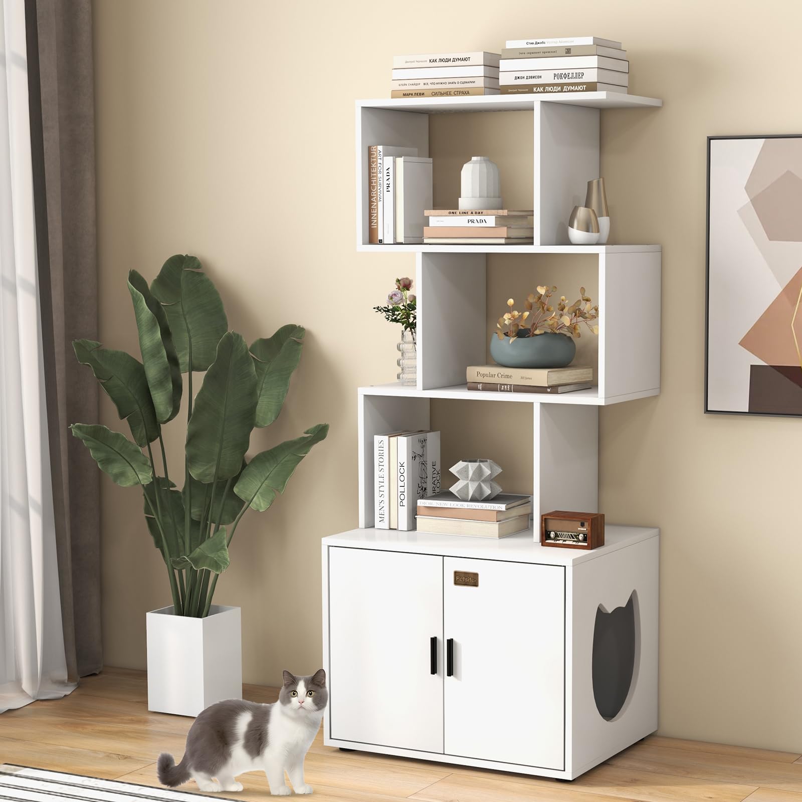 Petsite Cat Litter Box Furniture With 3 Shelves And Doors, 56 Inch Tall Cat Box Enclosure With Display Shelves And Side Entry, I