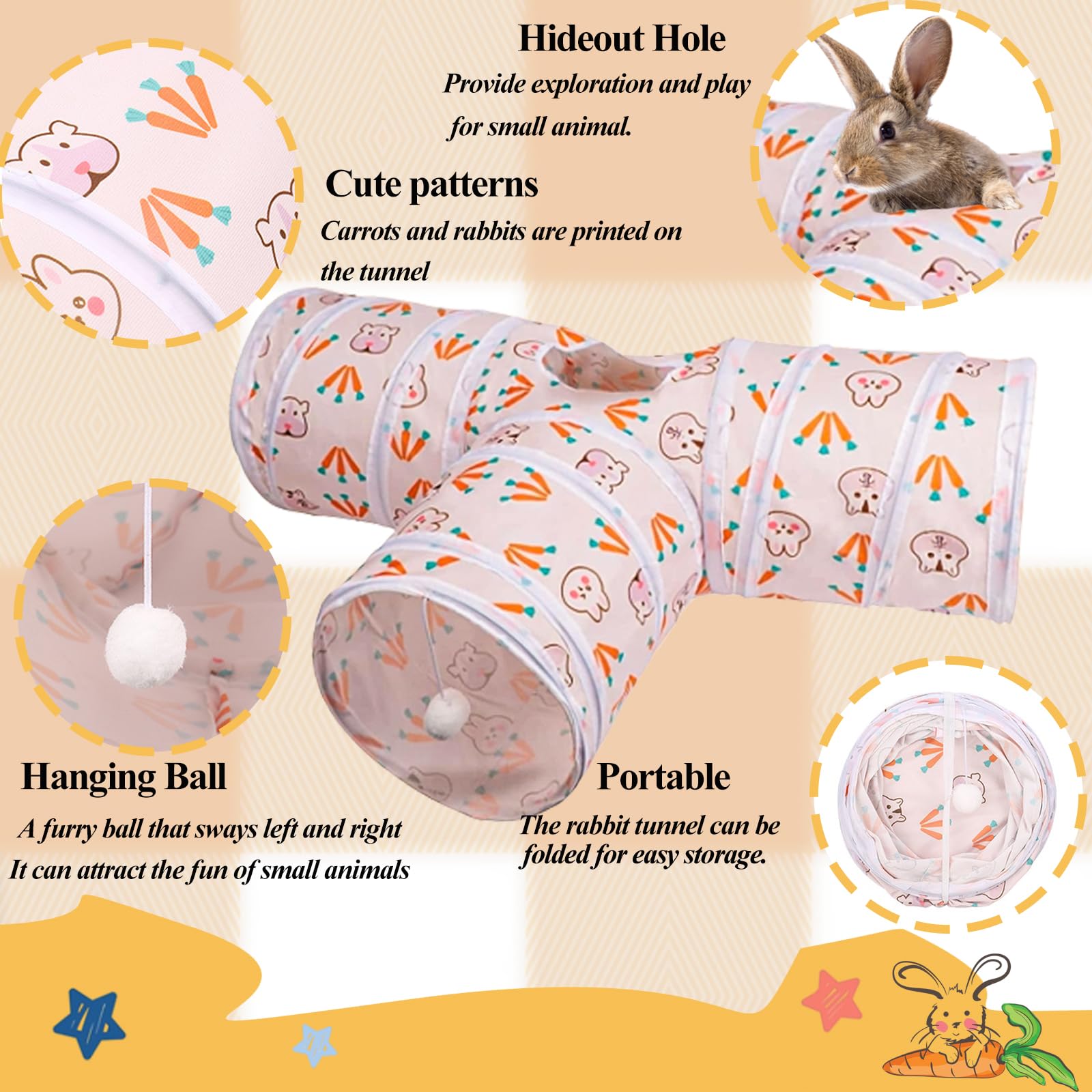 Mechpia Rabbit Toys, Bunny Tunnel & Tubes with Chew Toys for Grinding Teeth Apple Sticks Bamboo Carrot Loofah and Grass Ball for