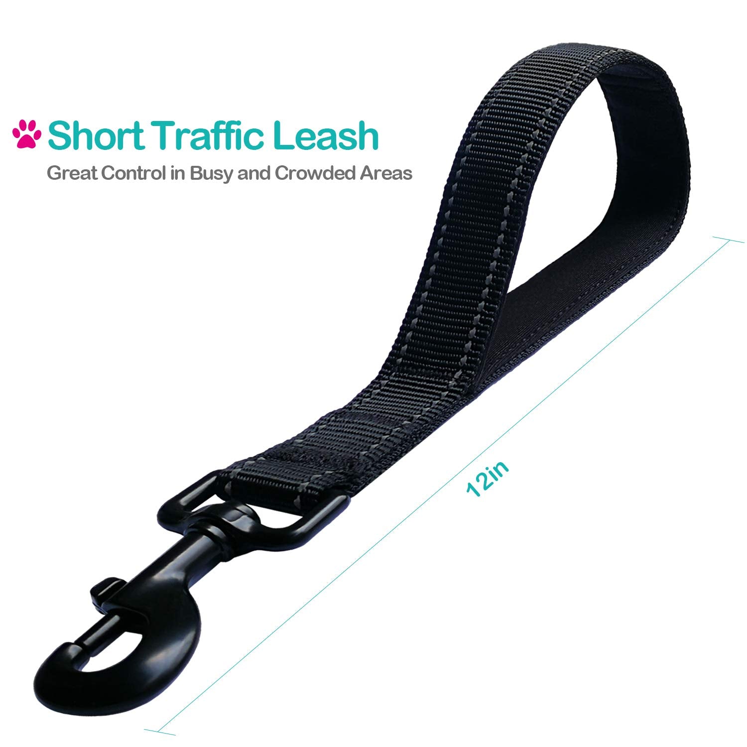 Short Nylon Dog Lead - Heavy Duty Padded Handle - Reflective Black, 12 Inch For Large & Medium Dogs