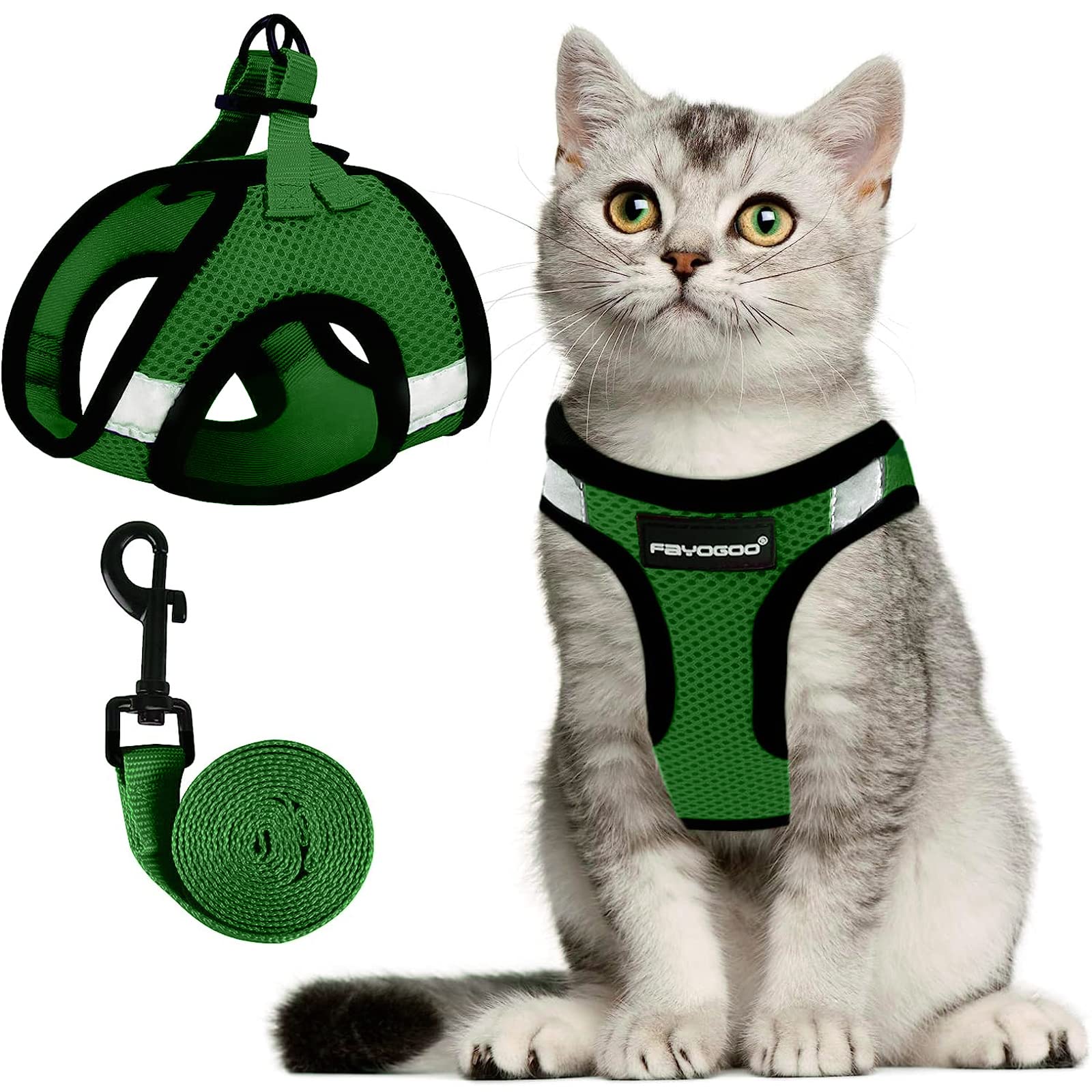 FAYOGOO Cat Harness, Escape Proof, Ultra-Light & Comfortable, Reflective Night Safety, Neon Green, Medium