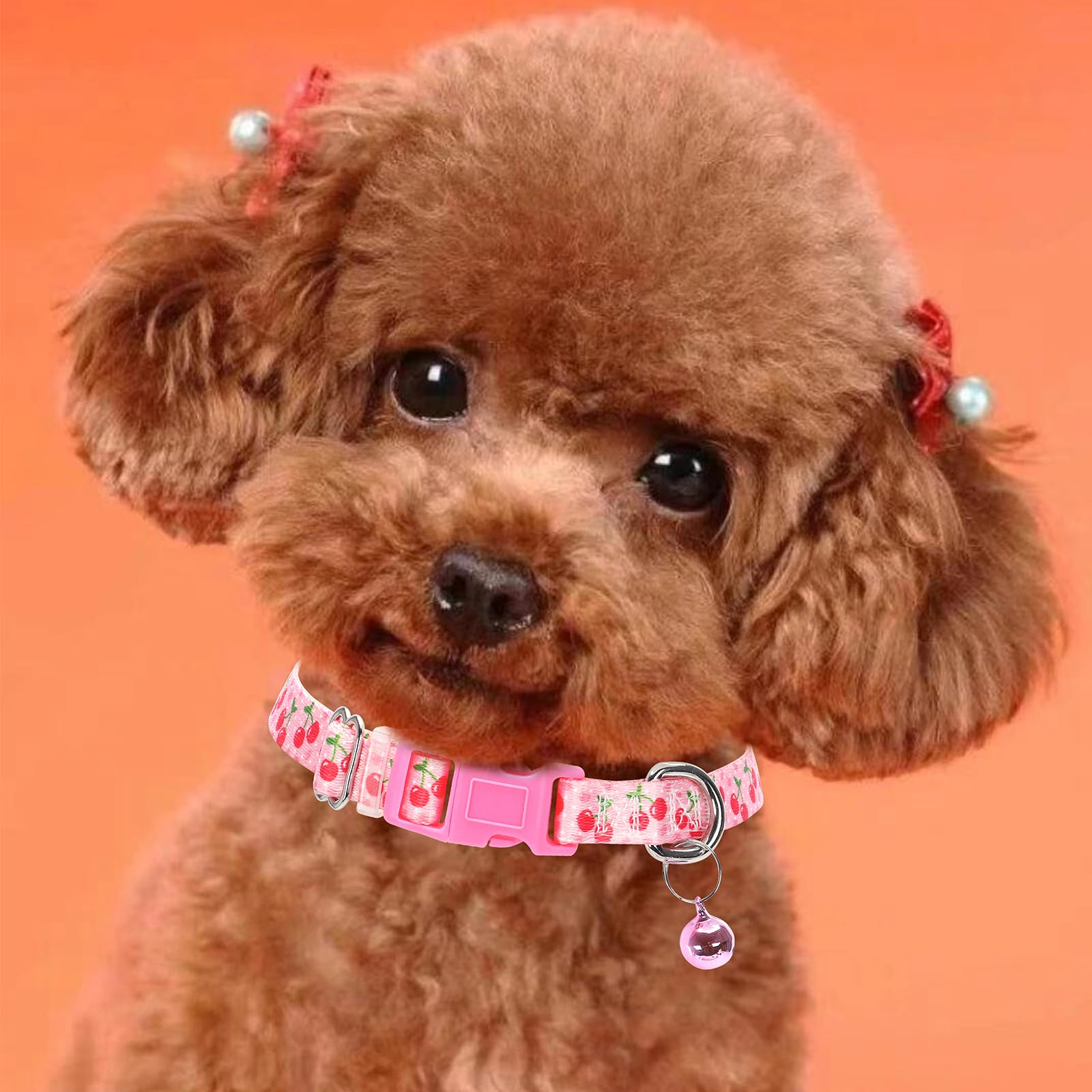 Cute Xxs Xs Dog Collar With Bell,Pink Cherry Puppy Collar Tiny Cat Collars With Bells For Xs Small Pet Boy And Girl Dogs Kitten