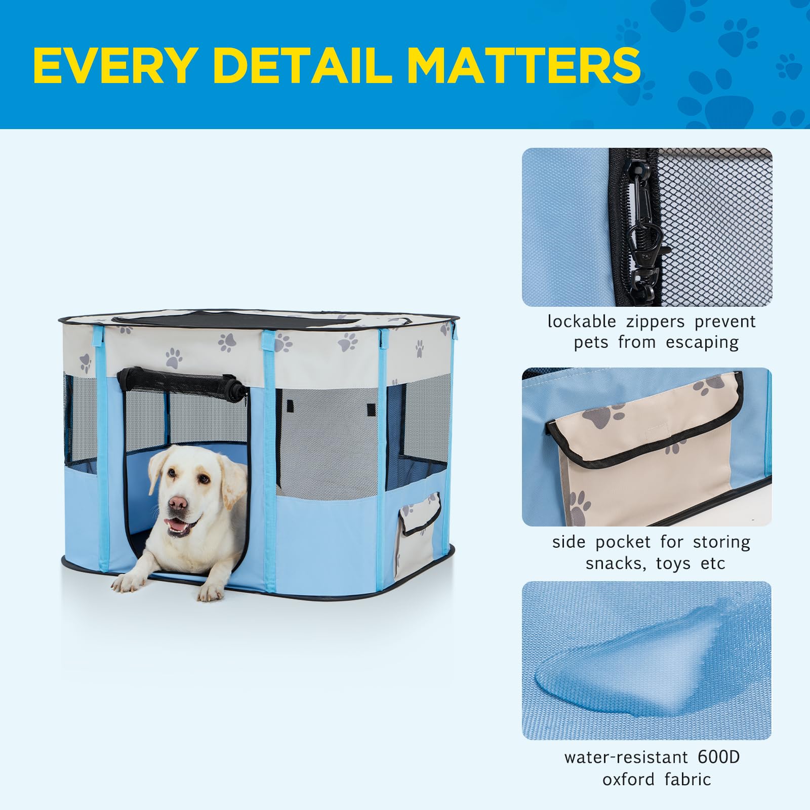 Avont Portable Dog Cat Playpen, Foldable Pop Up Pet Play Pen Travel Crate With Floor And Mesh Door Top For Indoor Outdoor Collap