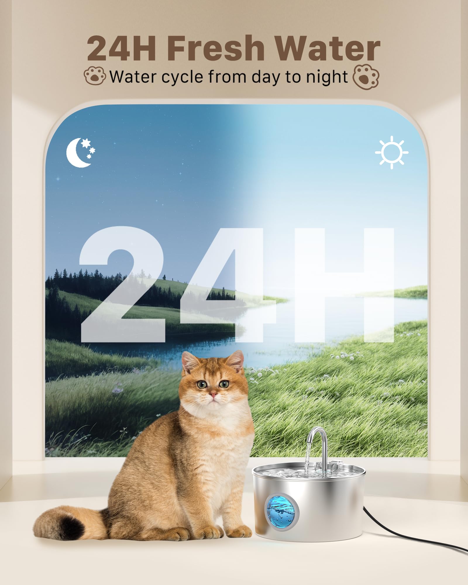 Cat Water Fountain Stainless Steel: Cat Fountain For Drinking - Pet Water Fountain For Cats Inside - 74Oz/2.2L Quiet Cats Water