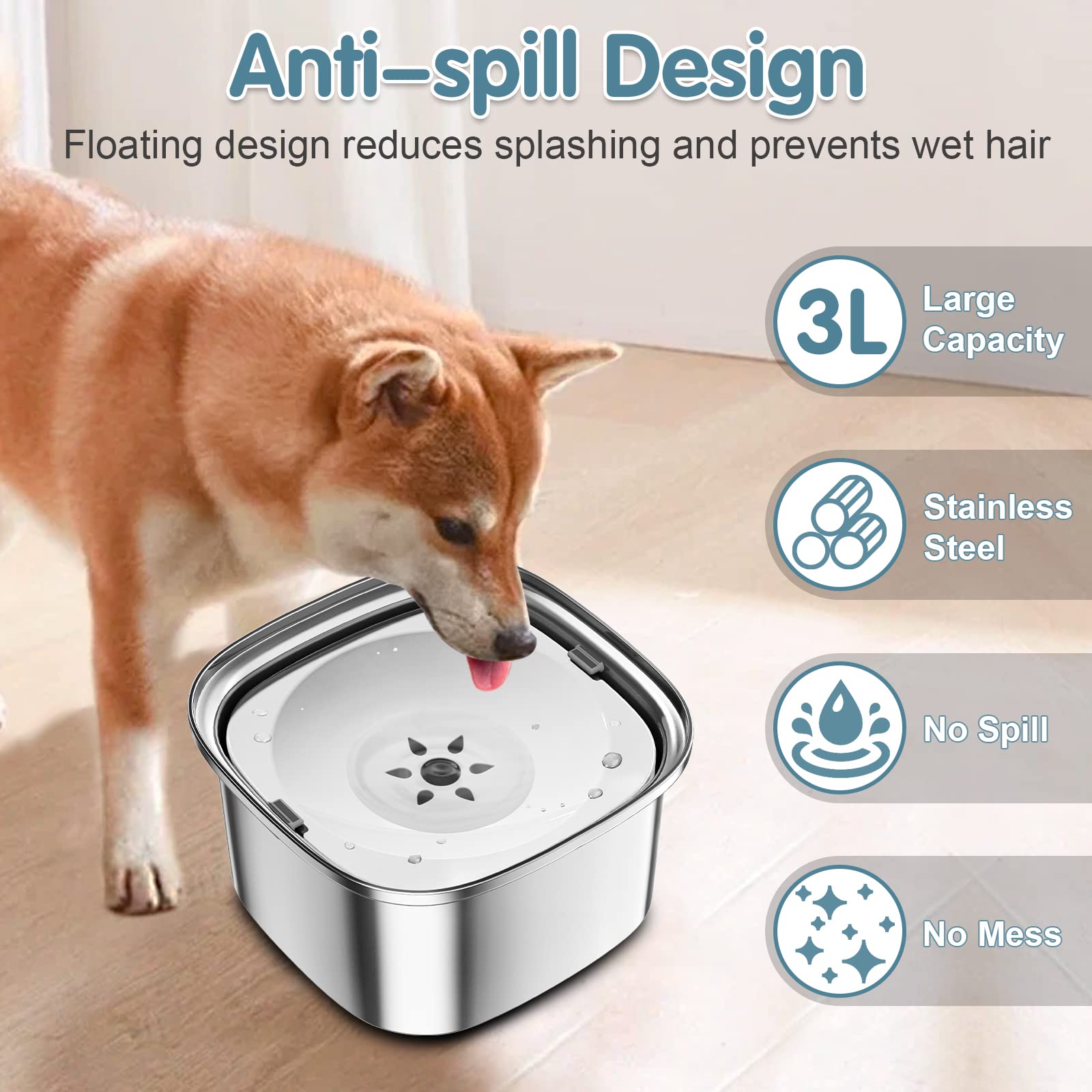 UPSKY 3L Stainless Steel Dog Bowl - 101oz No Spill Large Capacity Slow Water Feeder, Spill Proof Travel Bowl