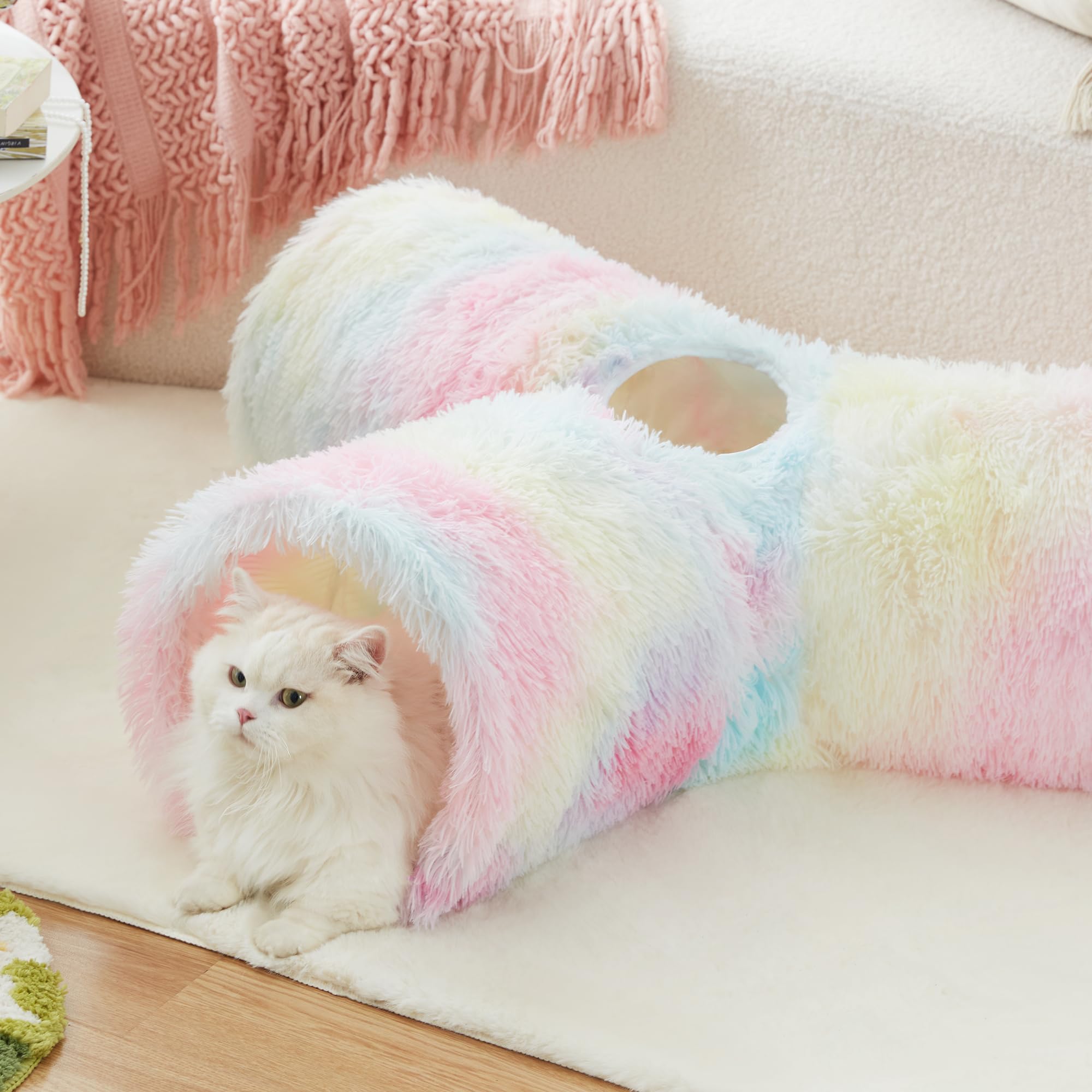 Tempcore Plush Pet Cat Tunnel Tube Cat Toys 3 Way Collapsible, Cat Tunnels For Indoor Cats,Kitty Tunnel Bored Cat Pet Toys Peek Hole Toy Ball Cat, Puppy, Kitty, Kitten, Rabbit Rainbow