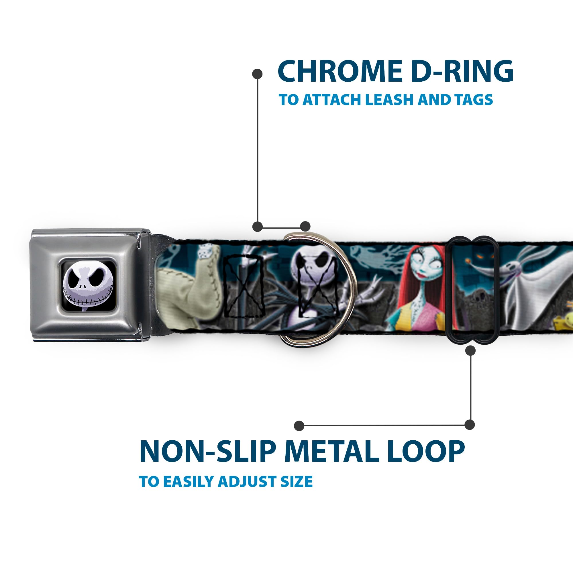 Dog Collar Seatbelt Buckle Nightmare Before Christmas 4 Character Group Cemetery Scene 11 To 17 Inches 1.0 Inch Wide