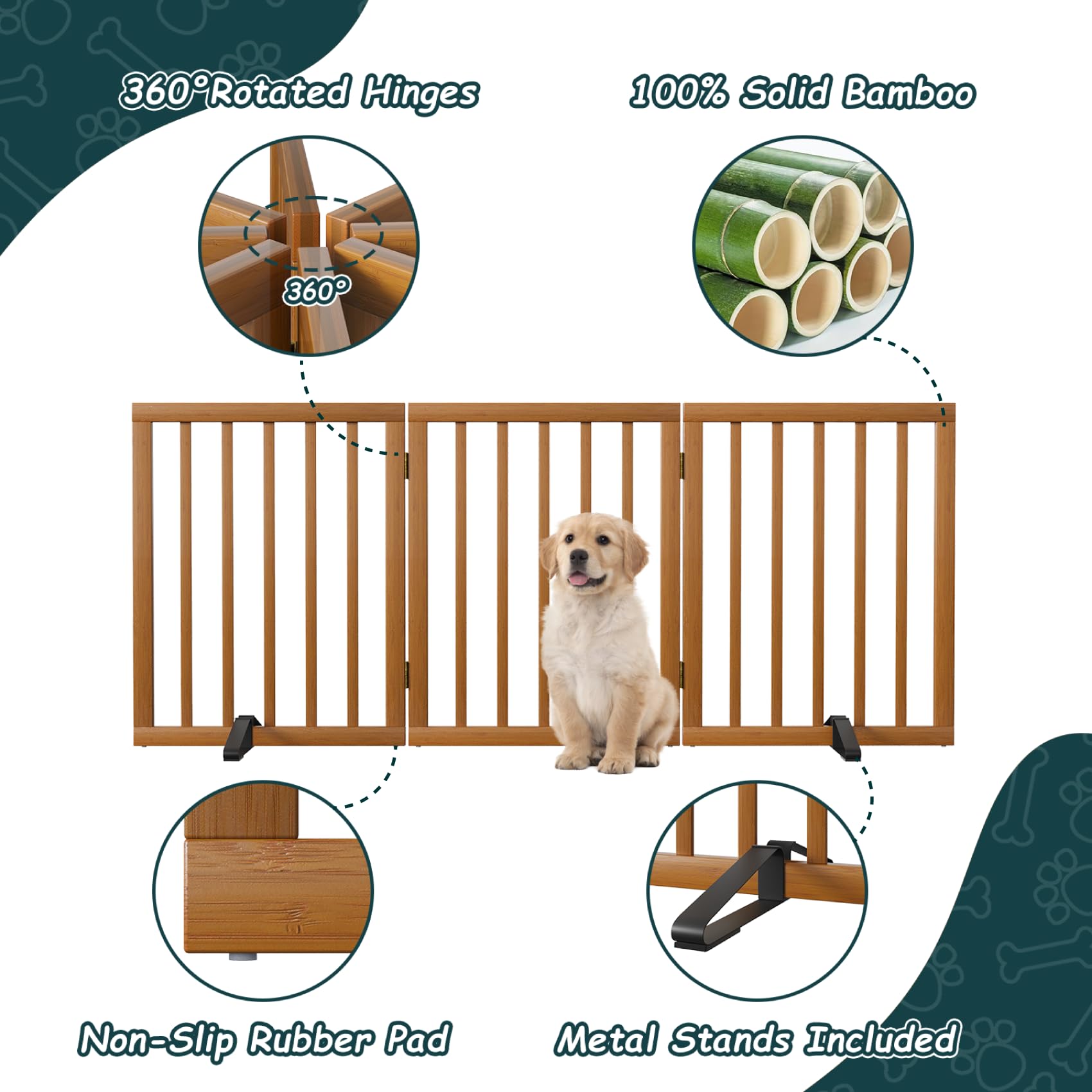 Semiocthome Walnut Bamboo Dog Gates Barriers Indoor,3-Panel Freestanding Puppy Gates for The House with 2 Metal Stands,24  H Fol