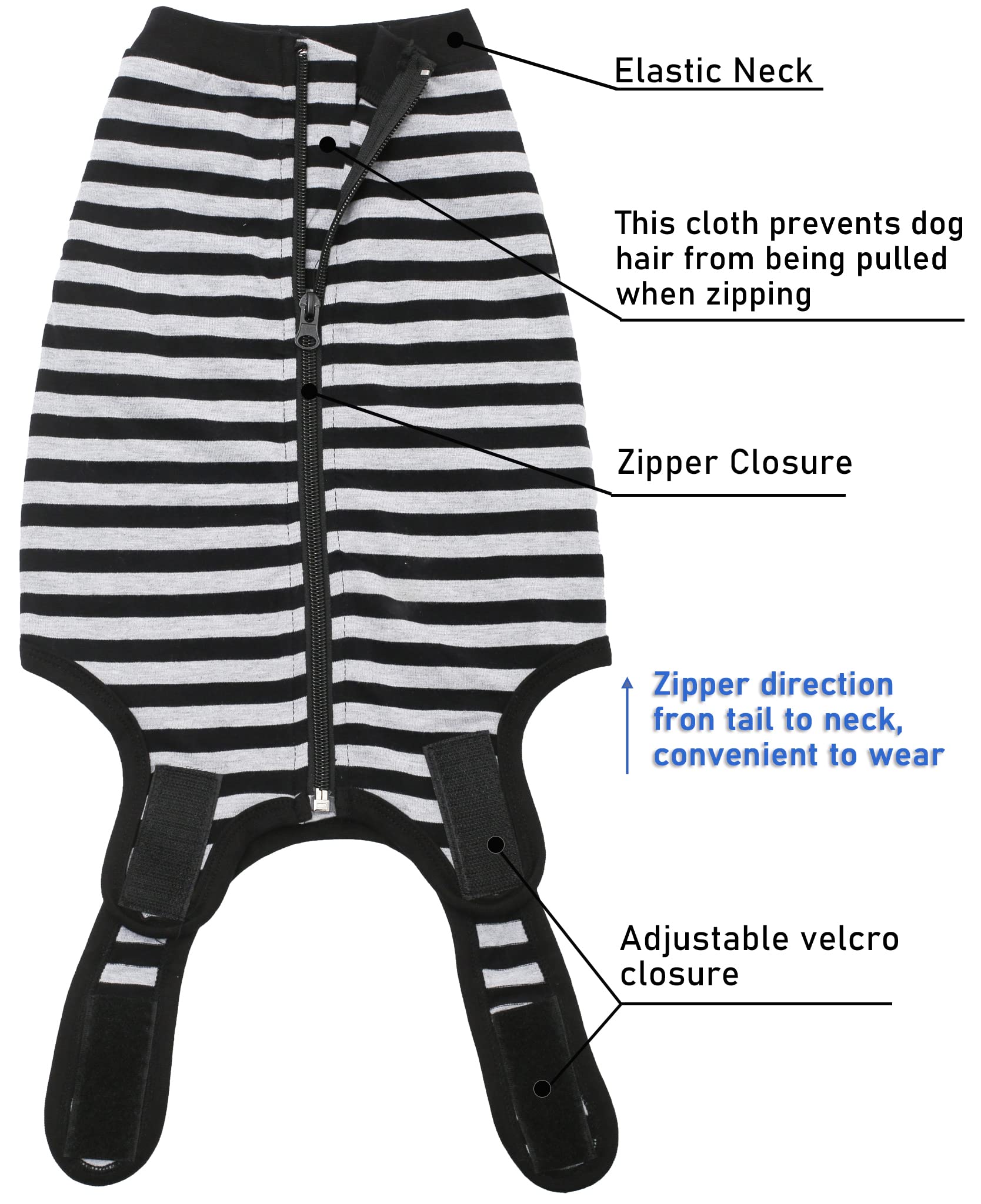 Sychien Dog Surgical Recovery Suit,Surgery Female Spay Shirt,Male Recovery Clothes,Zipper Closure Cotton Striped Wounds Protect