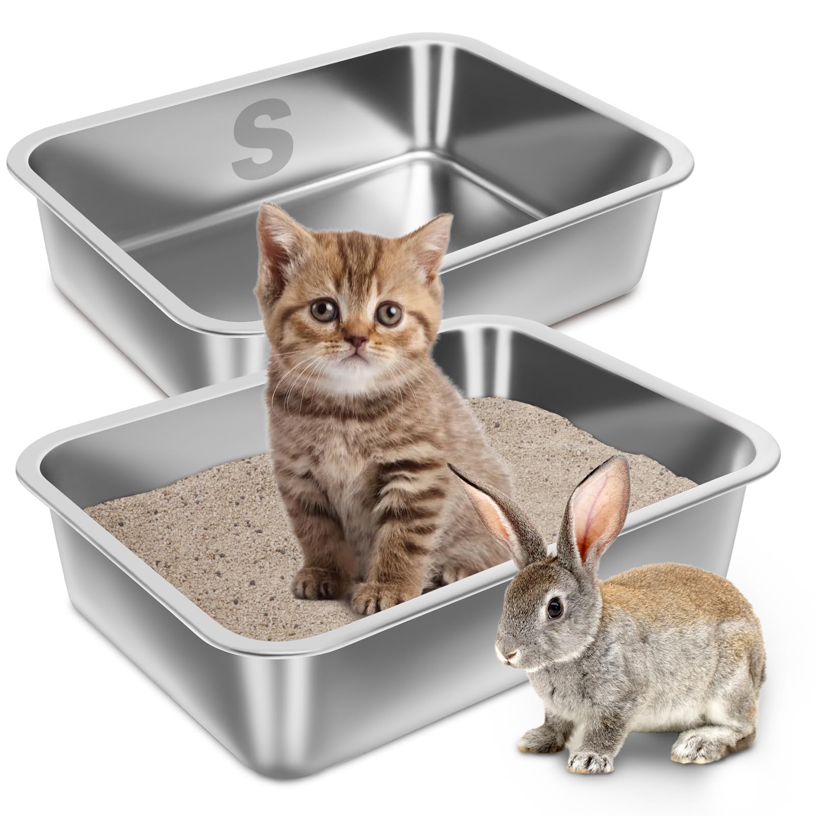 Holintan Stainless Steel Litter Box For Kitten 2 Pack,15.7''  11.8''  4'' Small Litter Box For Kittens Easy Entry, Non Odor, Eas