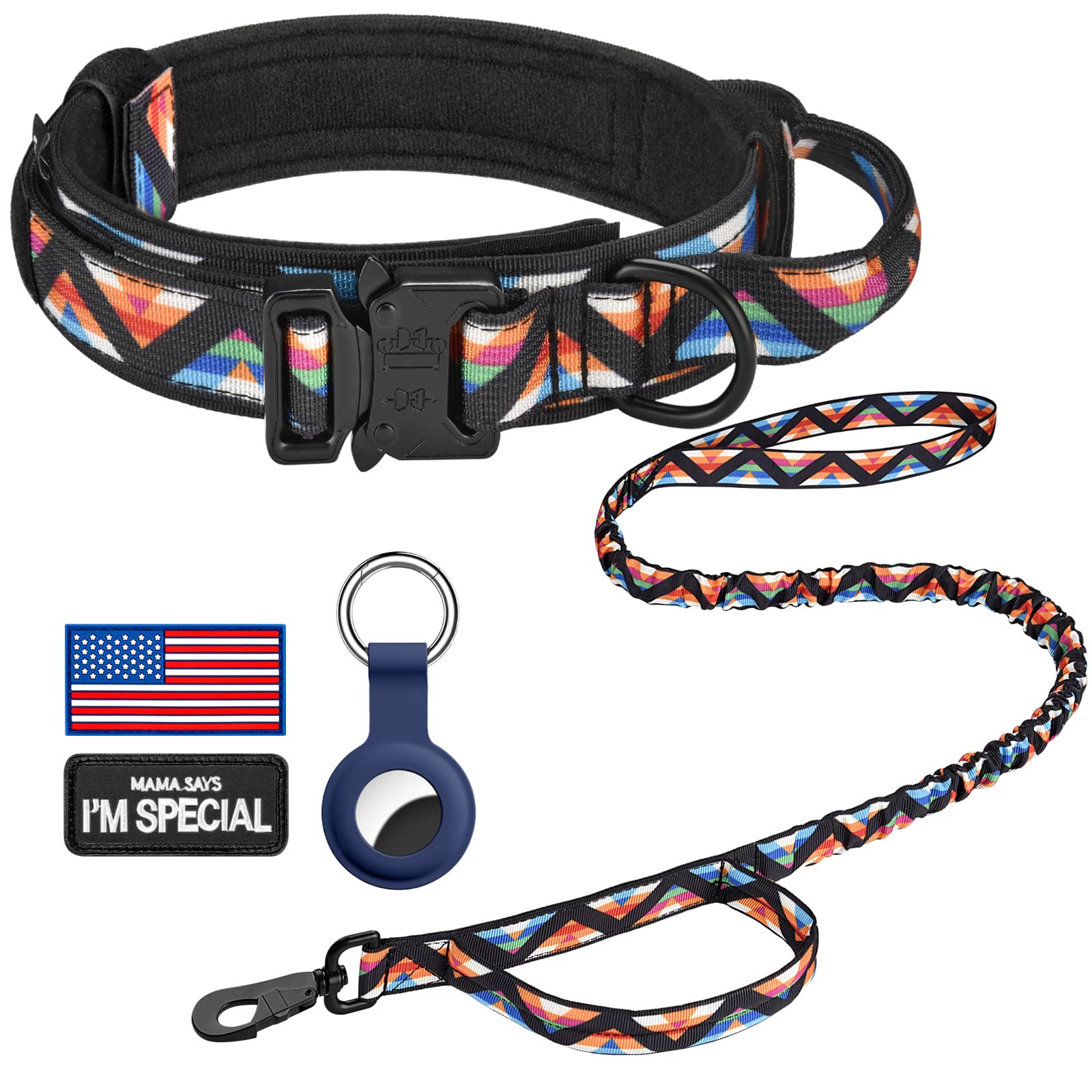 Daganxi Tactical Dog Collar, Adjustable Military Training Nylon Dog Collar With Control Handle And Heavy Metal Buckle For Medium And Large Dogs, With Patches & Airtags Case (L, Colorful Triangle-Set)