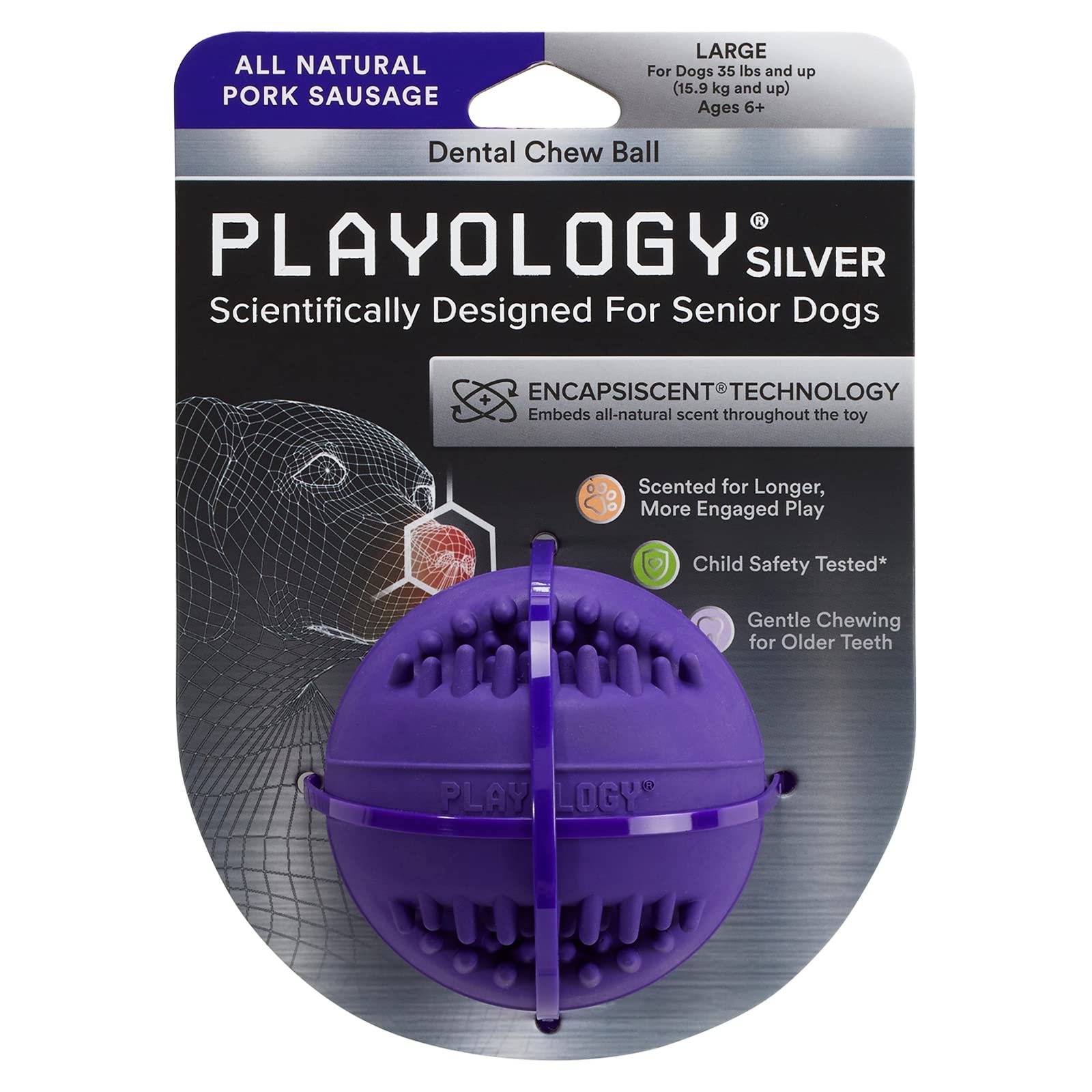 Playology Silver - Dental Chew Ball Dog Toy, Large - Designed for Senior Dogs (35lbs and Up) - Engaging All-Natural Pork Sausage