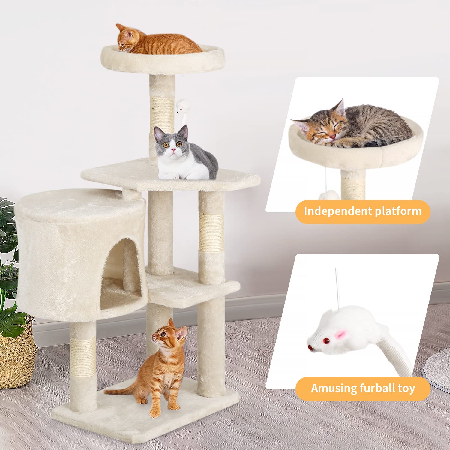 Bestpet Cat Tree 36 Inch Tall Scratching Toy Activity Centre Cat Tower Cat Condo Multi-Level Furniture Scratching Posts For Indoor Cats,Beige