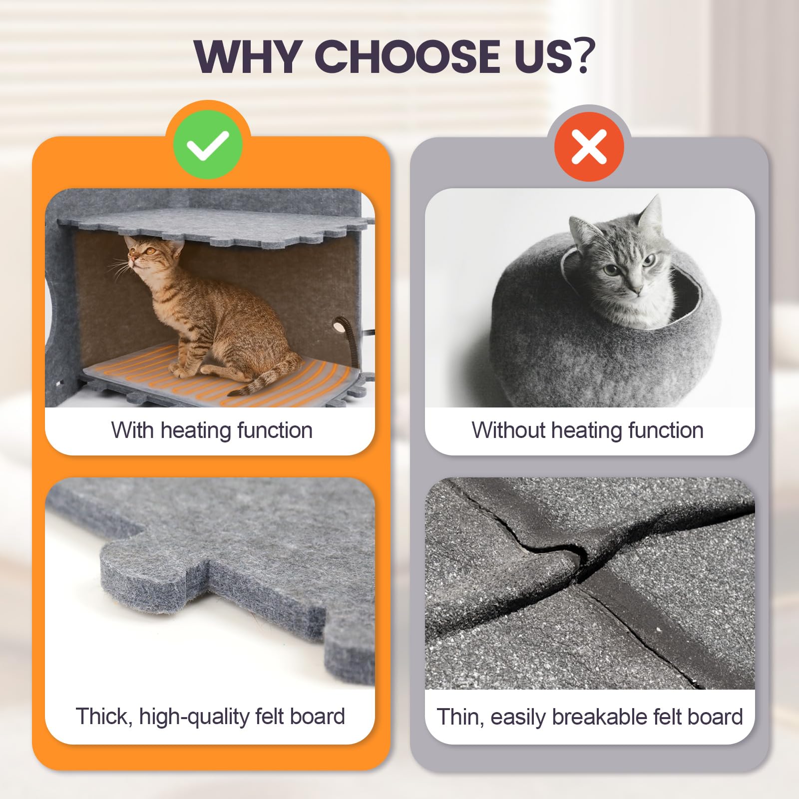 Sturdy Felt Cat Bed, Heated Indoor Cat House Up To 30Lbs, Lightweight Easy To Clean, Large Cat Cave For Multiple Cats