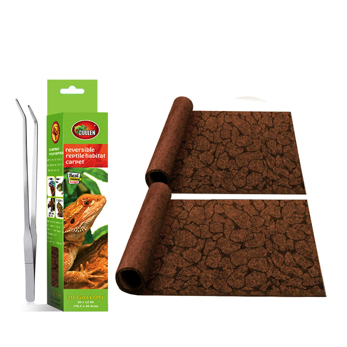 Mclanzoo 2Pcs Reptile Carpet 20 Gallon, Pet Terrarium Liner, Reptiles Cage Mat/Substrate For Snakes, Chameleons, Geckos And Kitchen Use With Tweezers Feeding Tongs Printing Desert