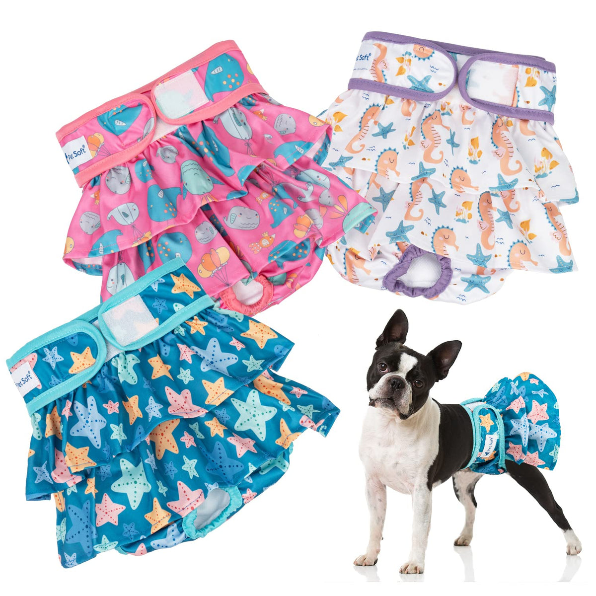 Pet Soft Washable Female Diapers (3 Pack) - Female Dog Diapers, Dress Style Comfort Reusable Doggy Diapers For Girl Dog In Period Heat (Ocean, Xs)