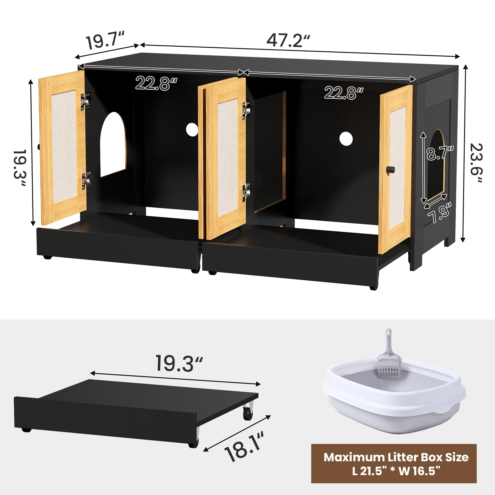 Yafylly Litter Box Enclosure For 2 Cats, Double Cat Box Enclosure Furniture, Cat Litter Cabinet With Storage And Scratching Boar