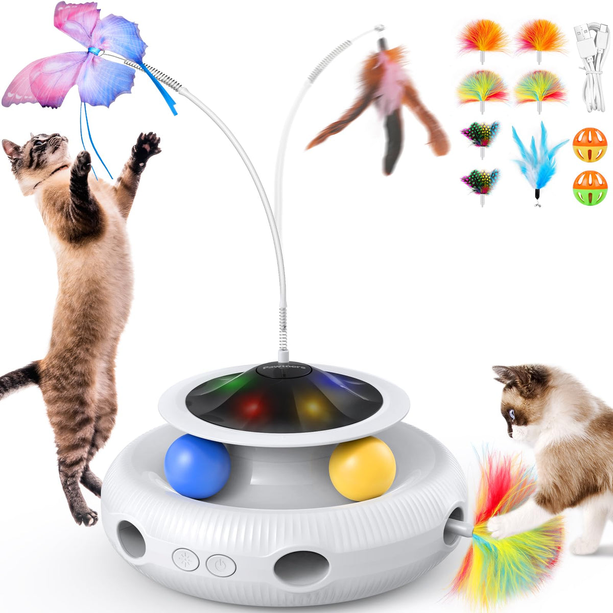 Pawtners Interactive Cat Toy: 4 In 1 Automatic Interactive Kitten Toys For Indoor Cats Rechargeable With Fluttering Butterfly, T