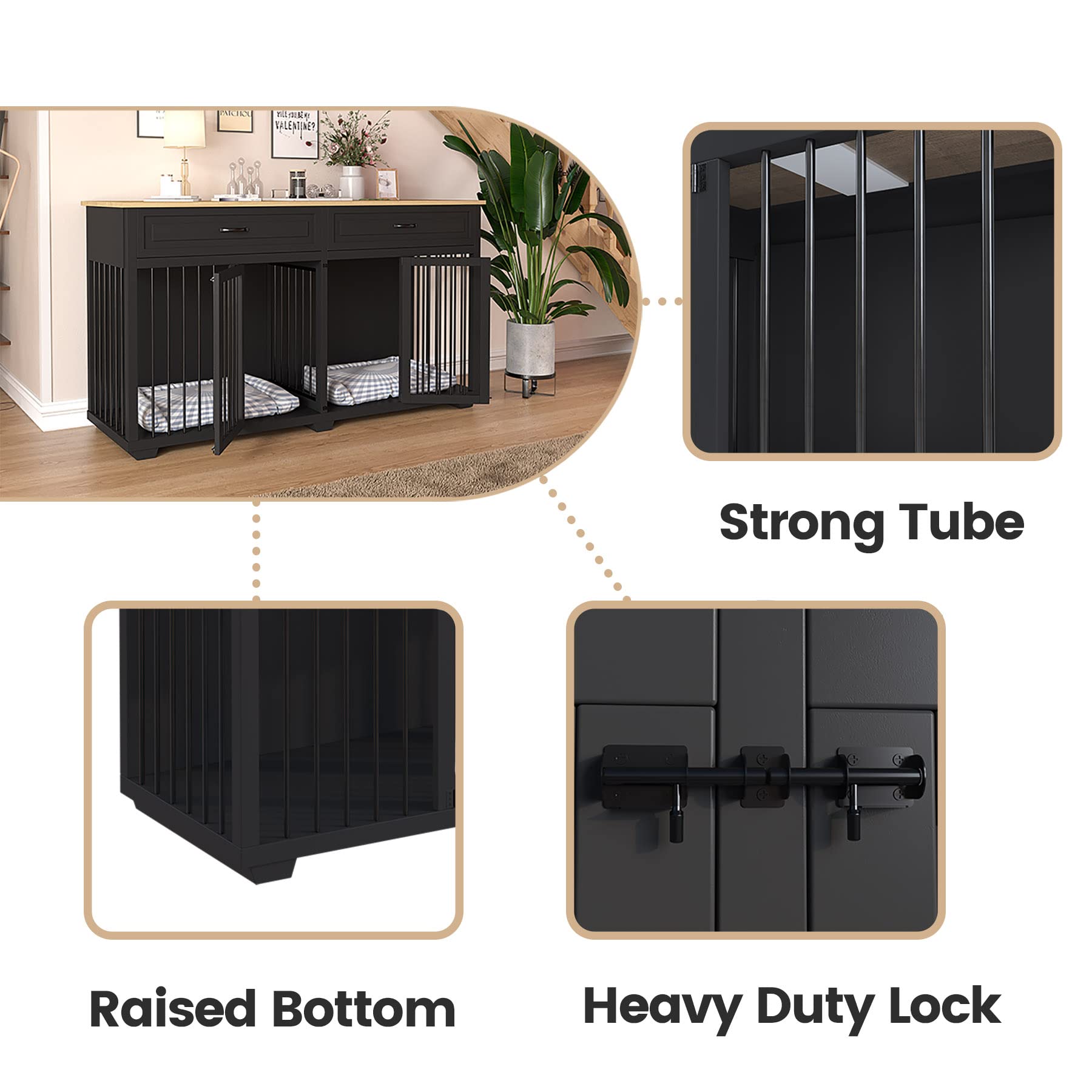 DAWNSPACES Dog Crate Furniture, 72 Inch Heavy Duty Wooden Large Dog Kennel with Drawers & Divider, Indoor Furniture Style Dog Cr