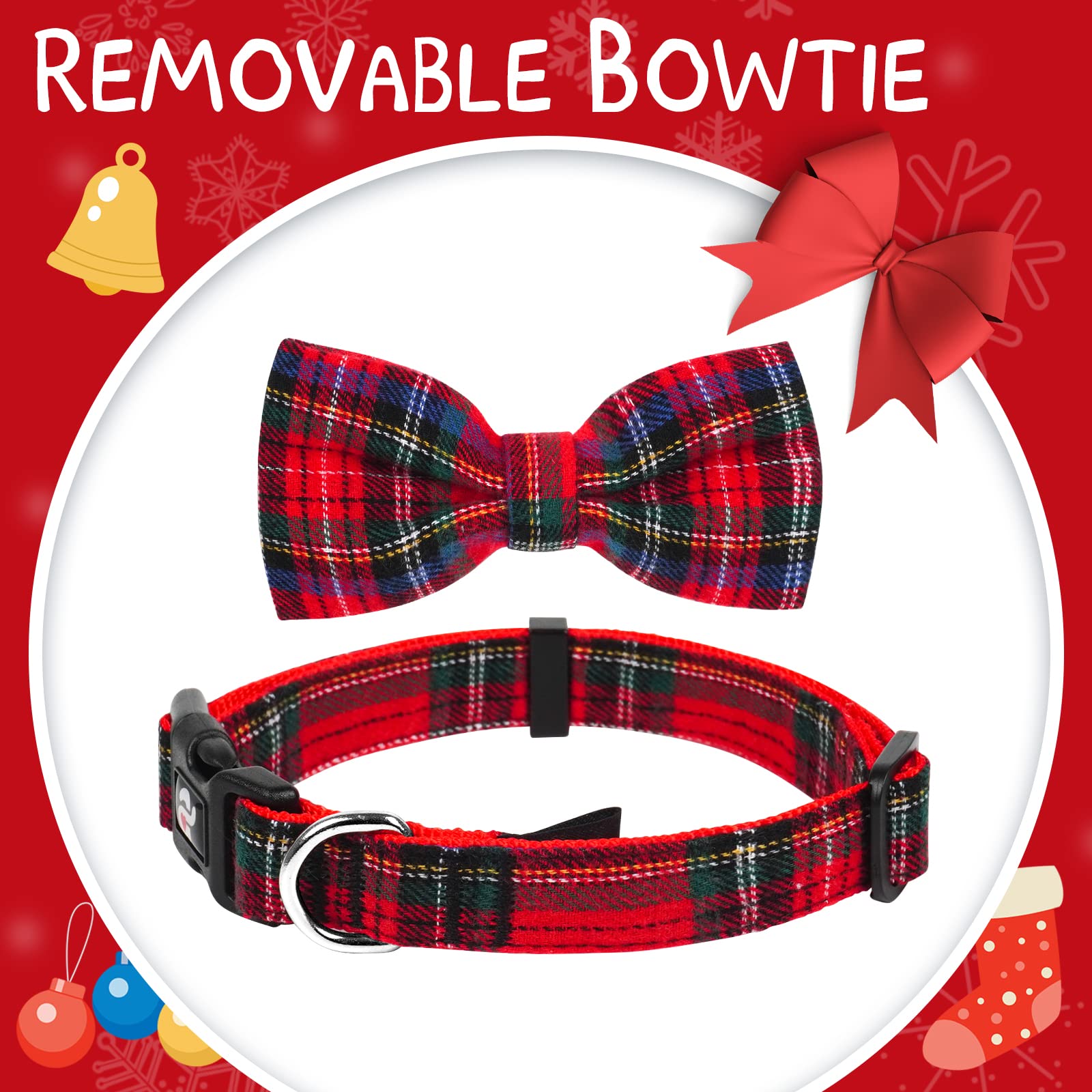 Azuza Christmas Buffalo Dog Collar And Leash Set, Classic Plaid Collar With Removable Bowtie And Matching Leash For Puppy Small Dogs