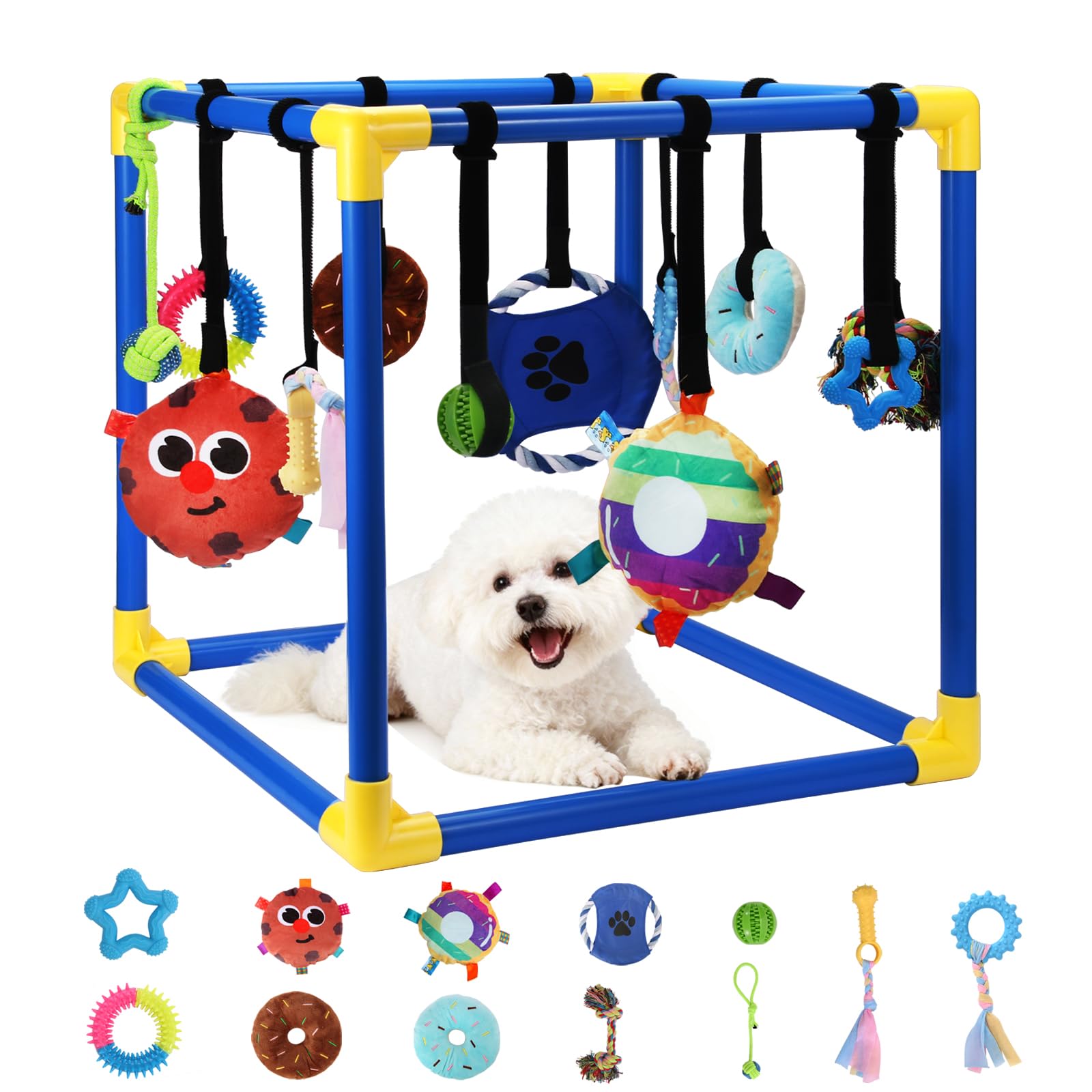 Puppy Play Gym with 12 Hanging Toys, Removable Dog Enrichment Playground, Interactive Indoor Training Activity Center for Small 
