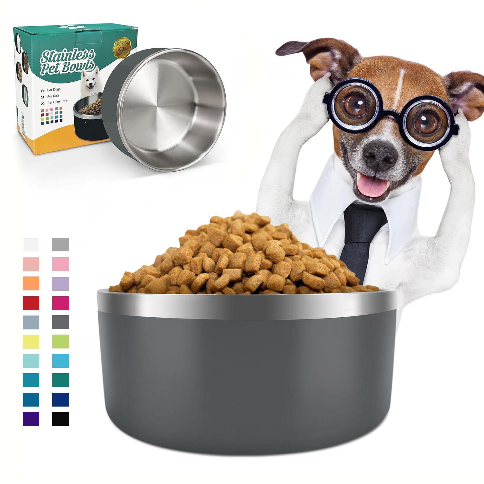 IKITCHEN Dog Bowl for Food and Water, 40 Oz Stainless Steel Pet Feeding Bowl, Durable Non-Skid Insulated Heavy Duty with Rubber 