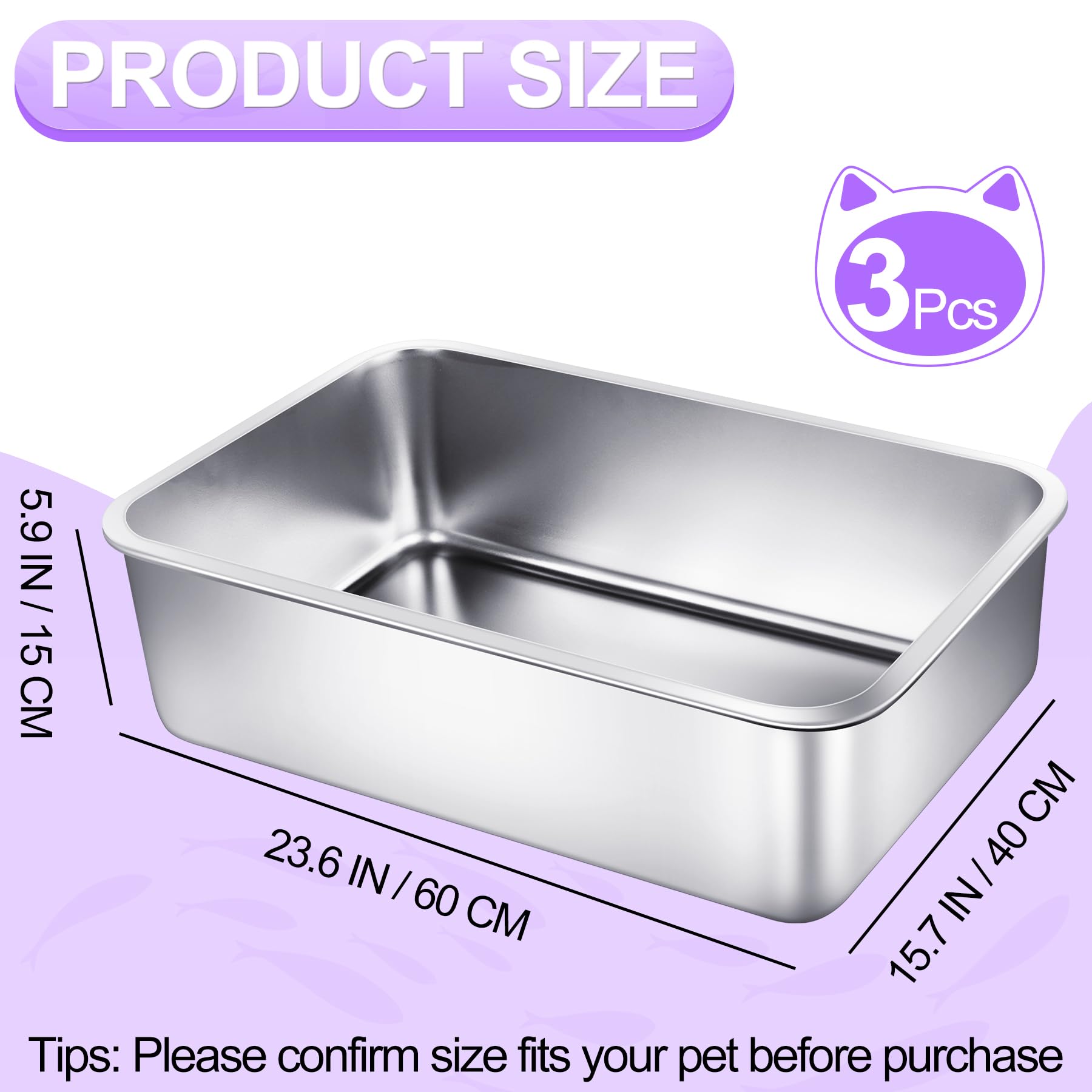 Phepetroll 3 Pack Stainless Steel Cat Litter Boxes 23.6''L X 15.7''W X 5.9''H Extra Large Metal Litter Boxes With High Side Stur
