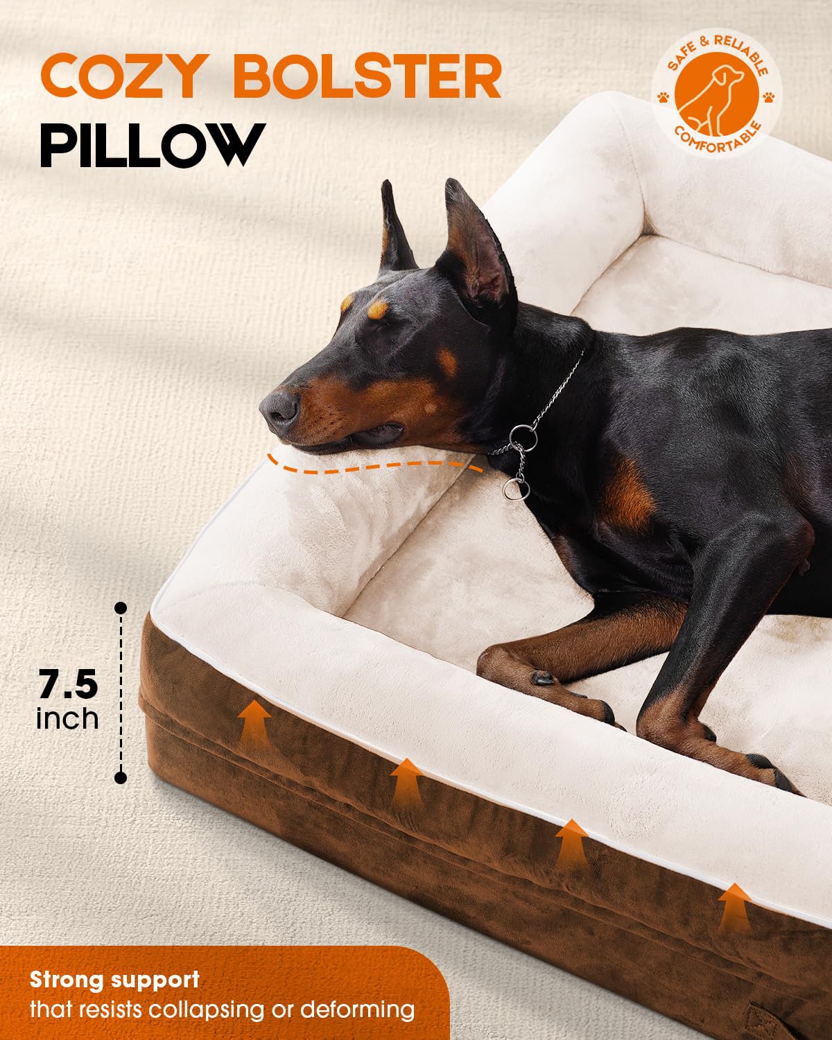 Orthopedic X-Large Dog Bed, Egg Foam Couch With Removable Washable Cover - Waterproof, Non-Slip, Four-Sided Bolster Dogs Bed, Br