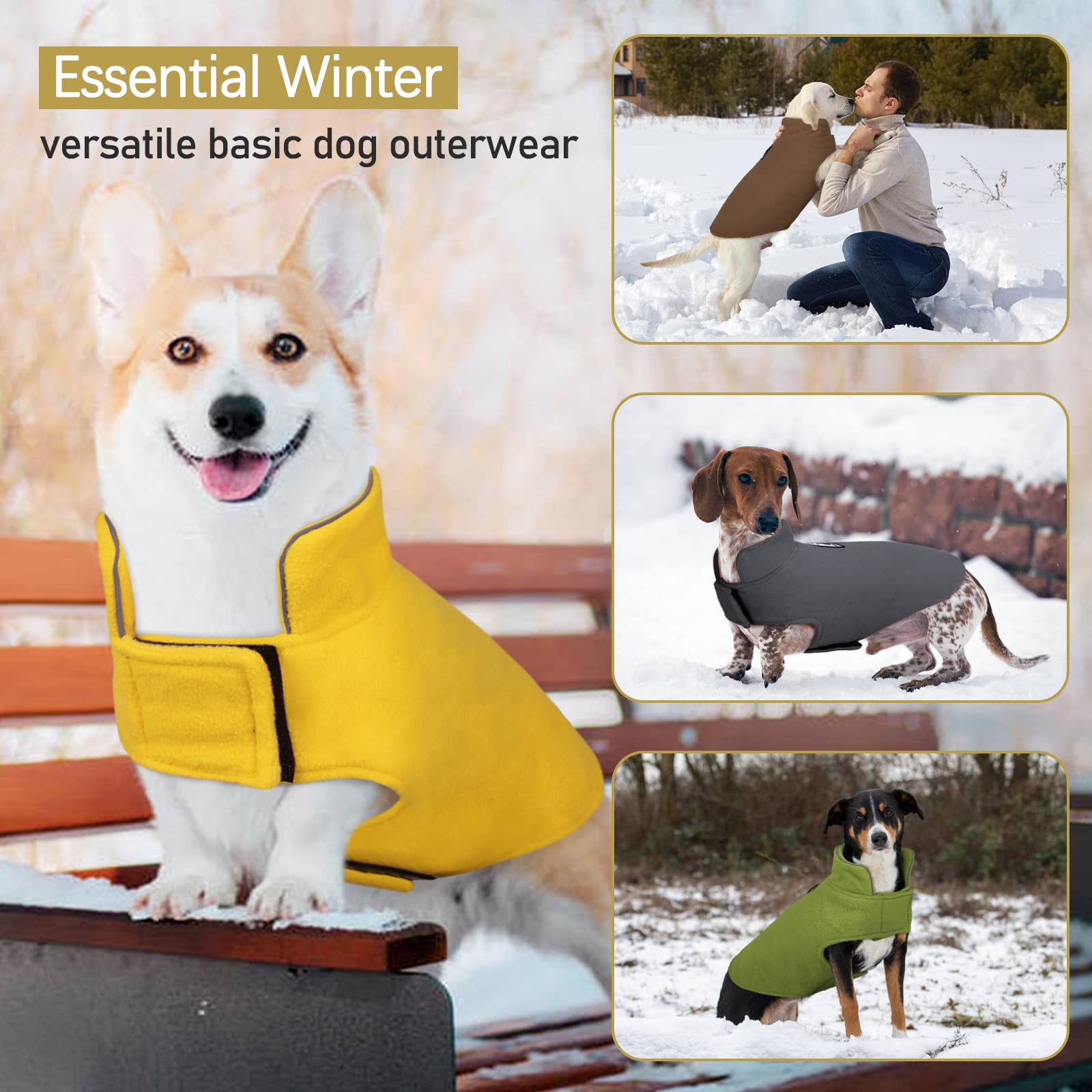 Dentrun Windproof Winter Warm Fleece Small Dog Coat Reversible Puppy Jacket Reflective Soft Pet Vest, Cold Weather Dog Sweater Apparel Leash Access Overcoat For Small Breeds, Yellow, S