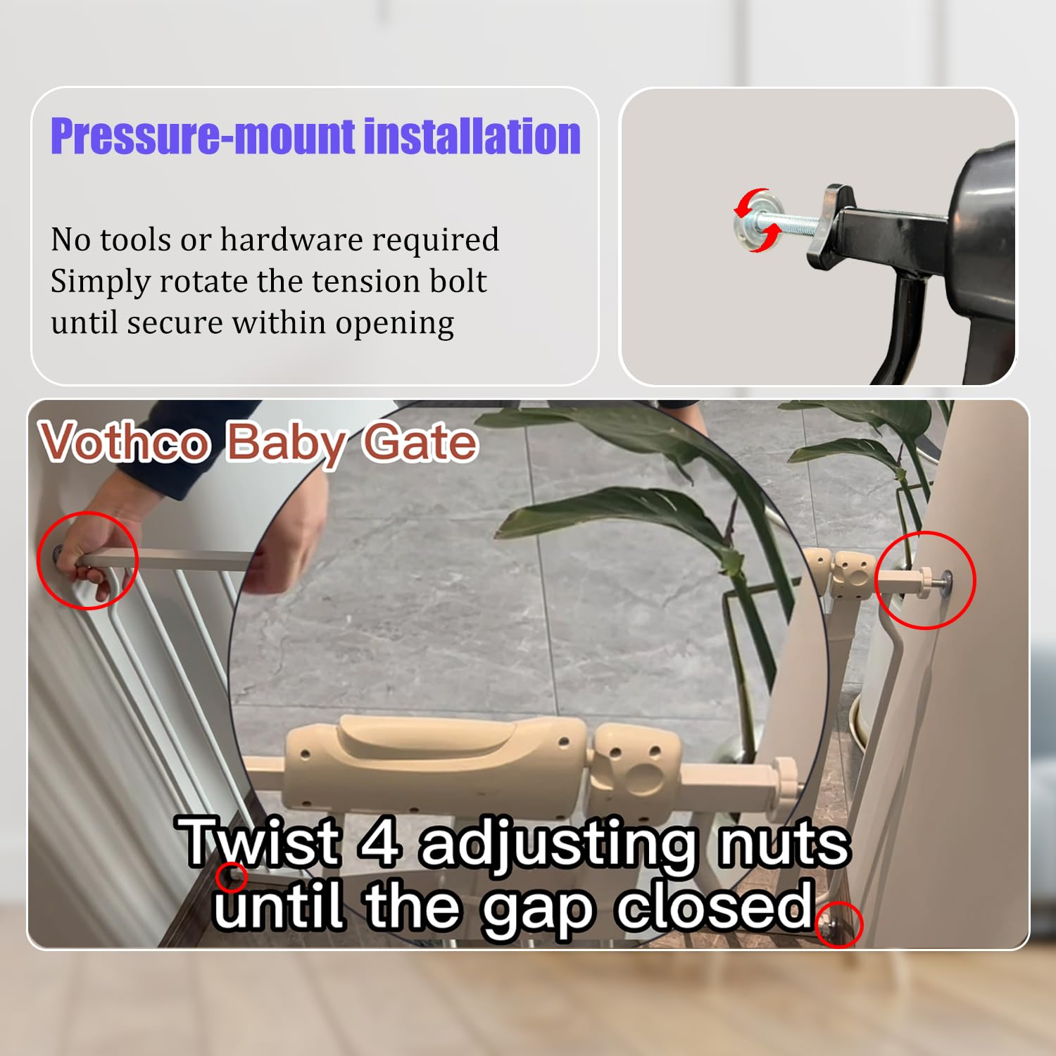 Vothco Baby Gates Extra Wide 53-57.5 Inch Large Baby Gate for Stairs Tension Pet Dog Gates Indoor for Doorways No Drilling Press