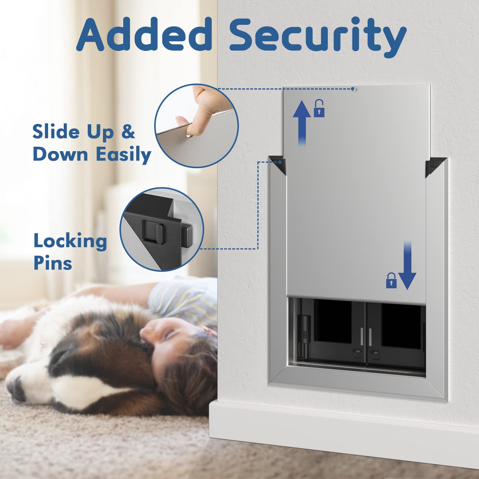 Premium Large Dog Door, Petouch Aluminum Pet Door With Double Panels, Doggie Door With Automatic Closing Magnetic Flaps, Slide-I