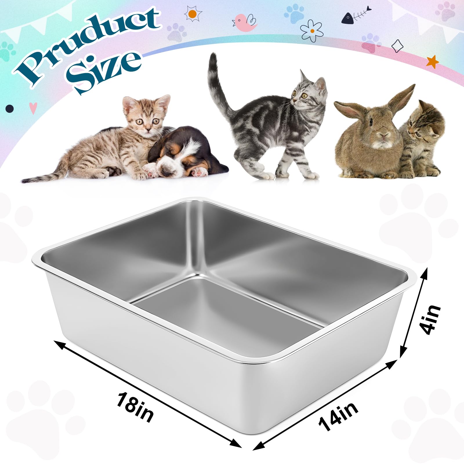 Yoiles Stainless Steel Cat Litter Box With High Sides, Extra Large Open Metal Litter Pan, Easy To Clean, Rust Proof, Non Stick,