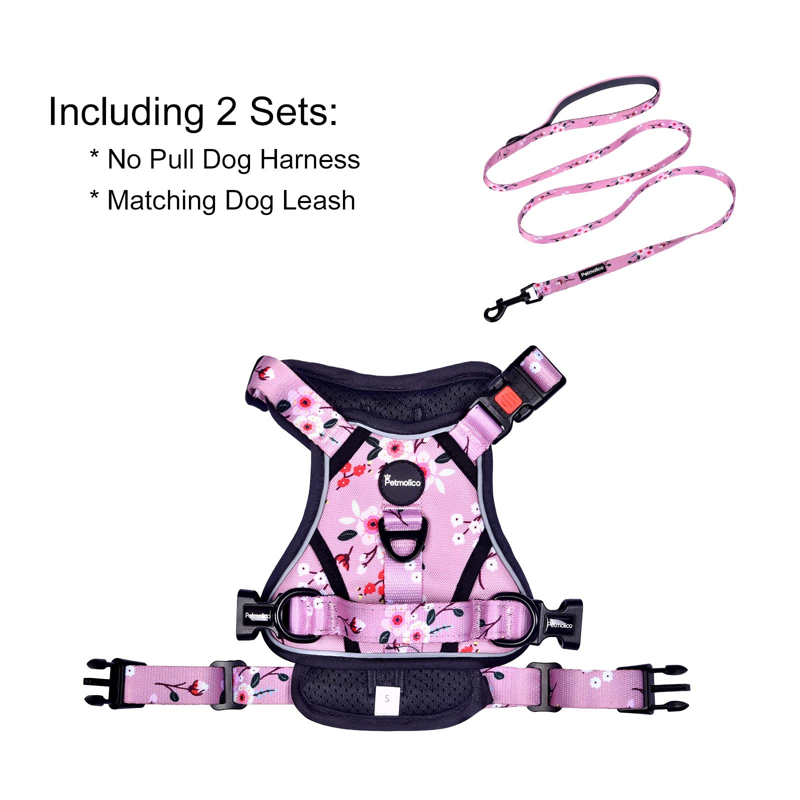 Petmolico Medium Dog Harness and Leash Set, No Choke, Soft Padded, Reflective Vest, Pink Plum, Model PT329