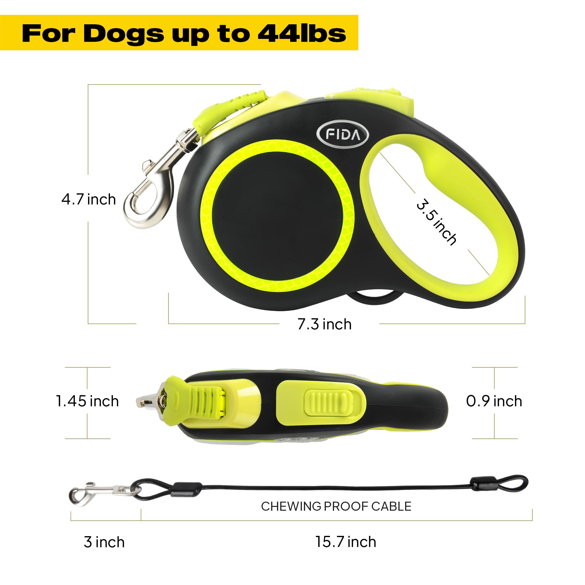 Fida Retractable Dog Leash, Reflective 16Ft Heavy Duty Pet Walking Leash For Medium/Large Dog Up To 44 Lbs, Tangle Free. One-Hand Brake (Medium, Neon Yellow)