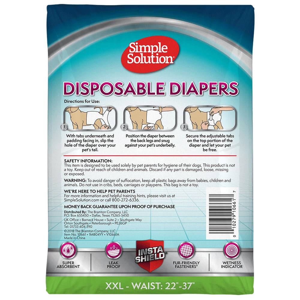 Simple Solution Disposable Dog Diapers For Female Dogs, True Fit, Absorbent Leak Proof With Wetness Indicator, Xxl Puppy & Doggie Period Pad & Pee Diaper, For Large Pets 22-37 Inch Waist, 12 Count