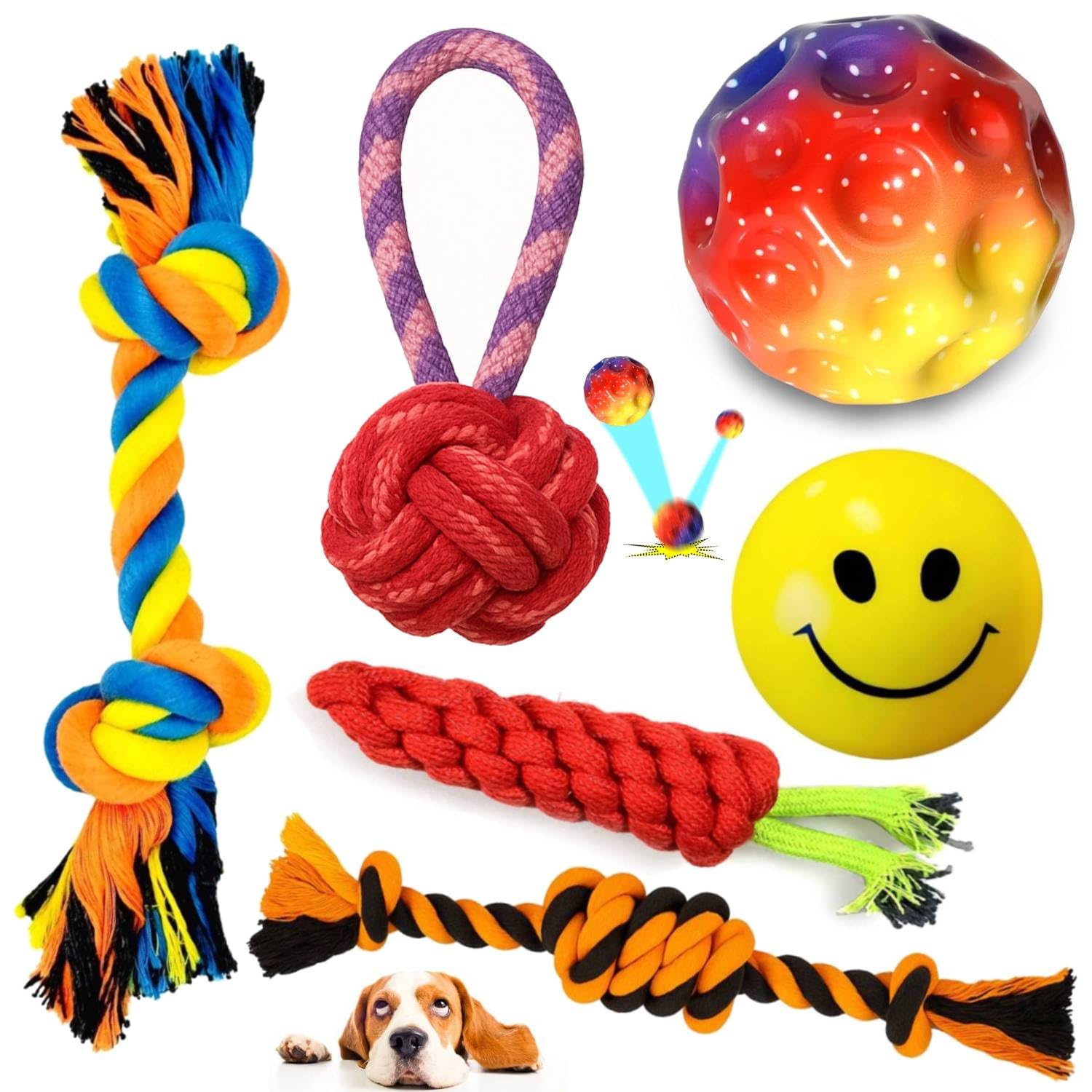 PETZLUV 6in1 Dog Toy Combo  Rope Tug Toys & Bouncing Balls for Small & Medium Dogs, Durable Chew Toys for Aggressive Chewers,