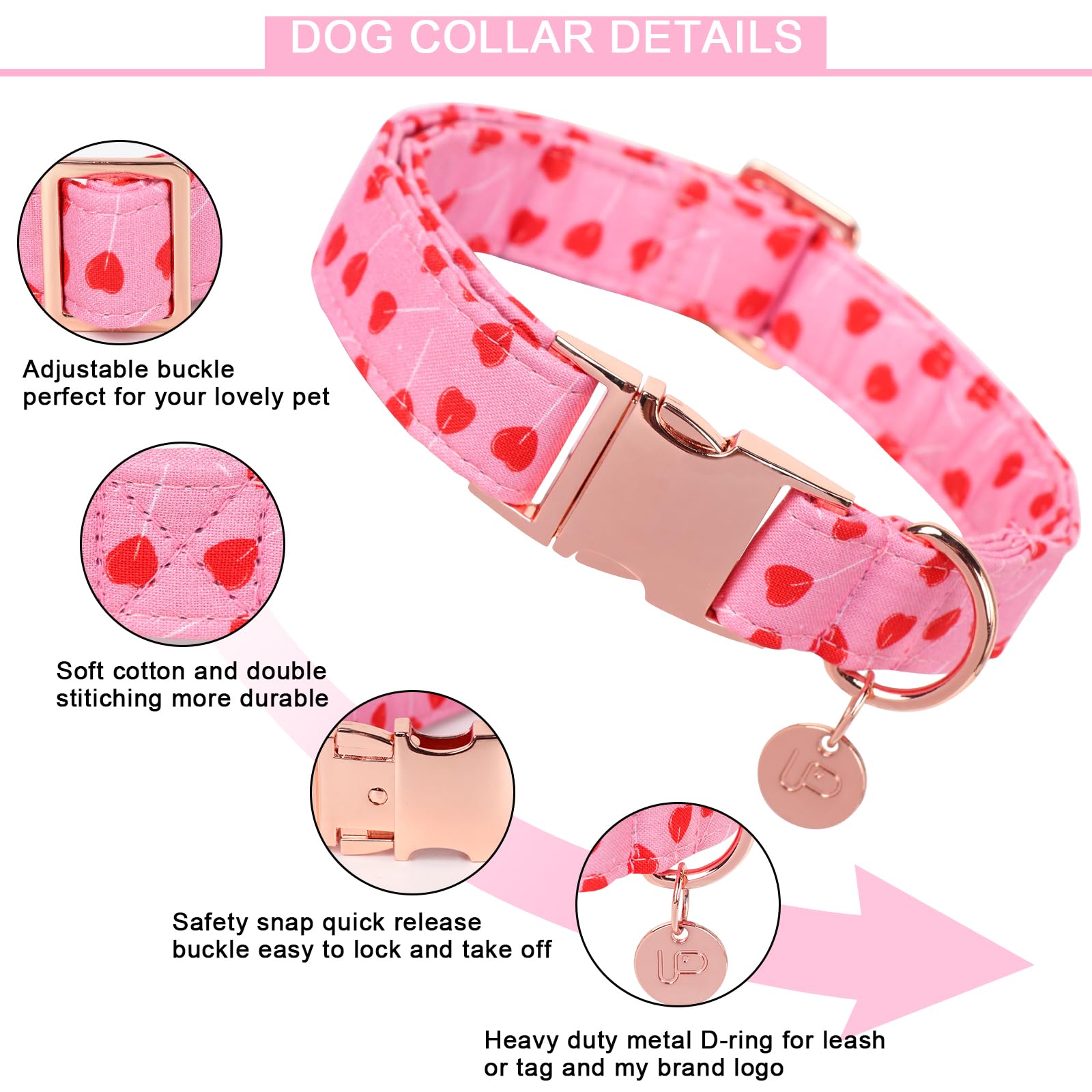 Up Urara Pup Valentine'S Dog Collar, Pink Heart Pattern, Adjustable Size (10-16 Inches), Premium Cotton, Sturdy Metal Buckle, Pe