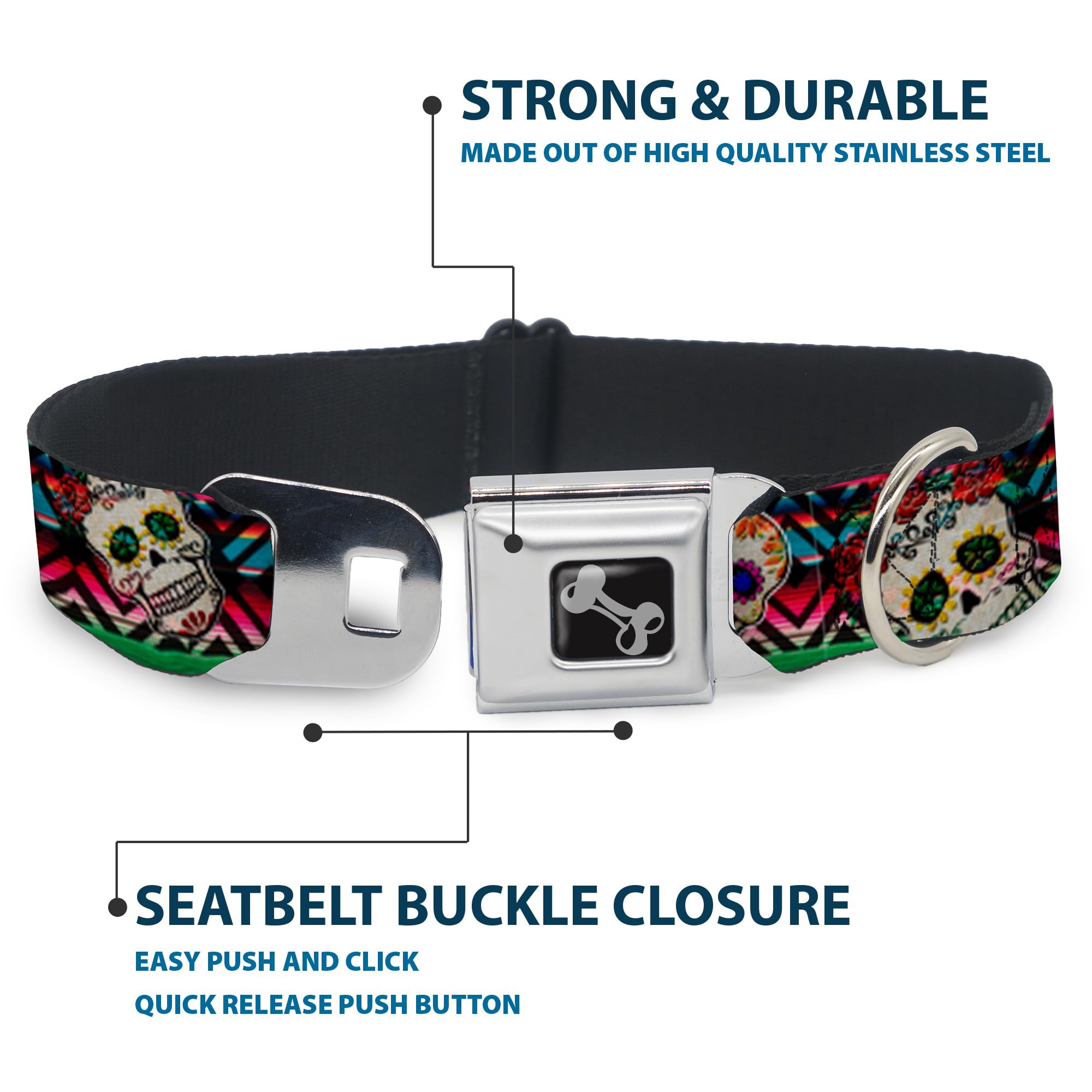 Buckle-Down Dog Collar Seatbelt Buckle Sugar Skulls Zarape Multi Color 18 To 32 Inches 1.5 Inch Wide (Dc-W34561-Wl)