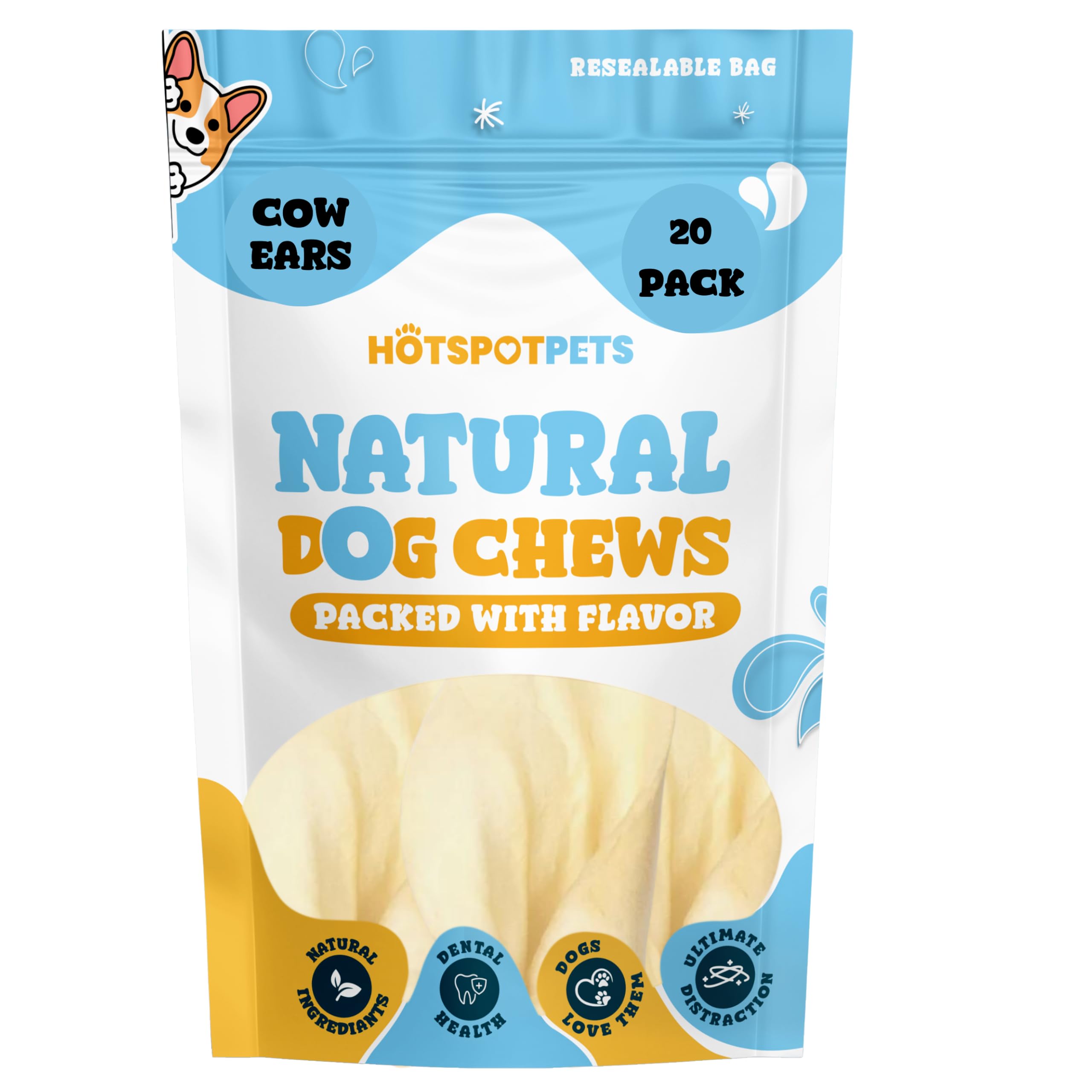 hotspot pets All-Natural Cow Ears Dog Chews (20 Pack) - Long-Lasting Single Ingredient Treat for Healthy Teeth & Gums, Perfect f