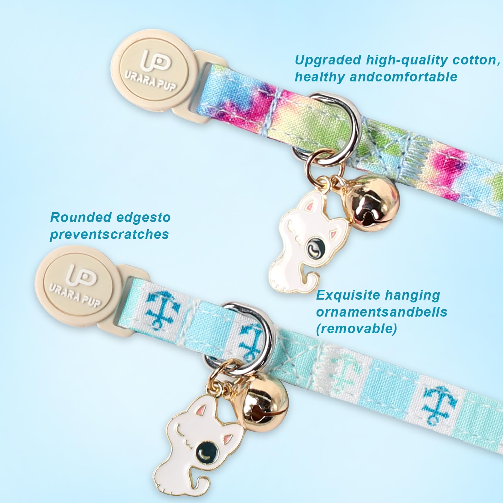 Up Urara Pup Cat Collar, 2 Pack Cat Collars Cute Breakaway Tiedye Cat Collar With Bell, Holiday Kitten Collars Summer Blue Grid