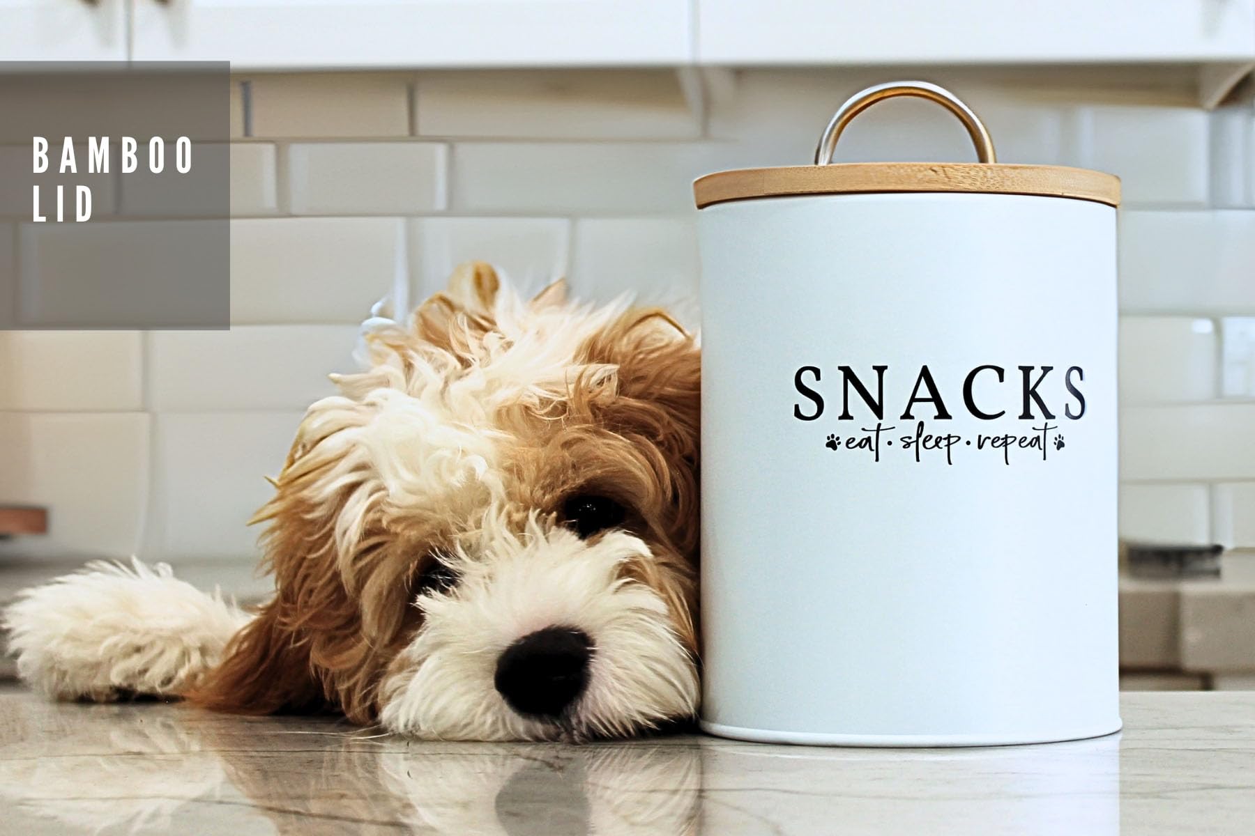 Simply Unleashed White Dog and Cat Treat Container with Easy to Open Bamboo Lid, 8.5 cups/ 70 fl oz.